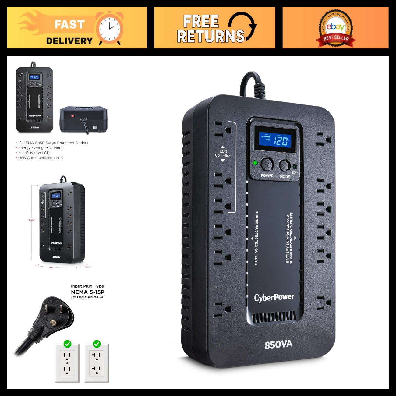 Eco-Friendly UPS Battery Backup & Surge Protector, 850VA, LCD Display, Compact D