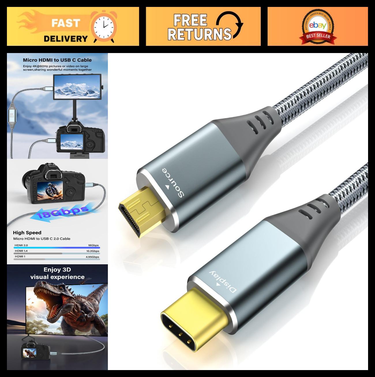 4K Micro HDMI to USB C Cable 6ft for DSLR, Camcorder, Tablet, Laptop - 60Hz, 18G