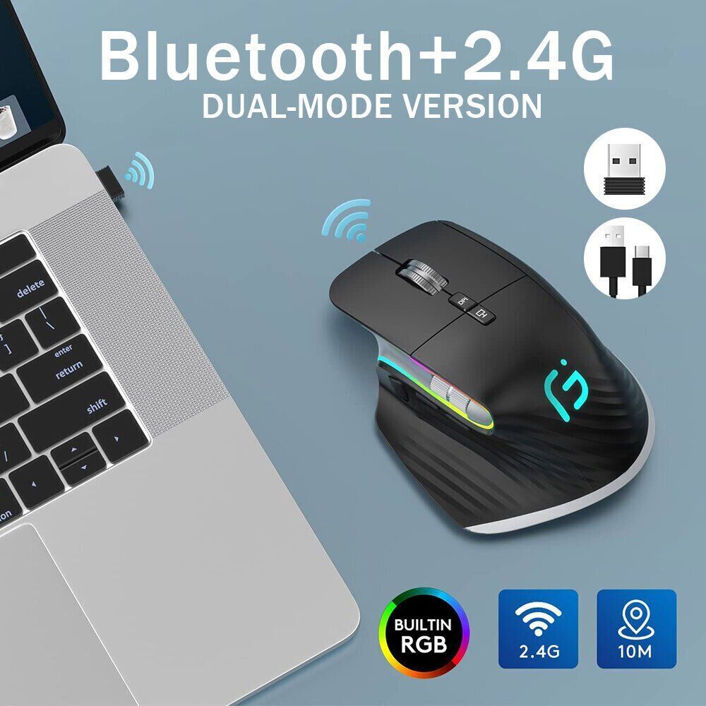3 Modes Bluetooth 5.0 & 4.0 2.4GHz Ergonomic Wireless Optical Mouse For PC iPad