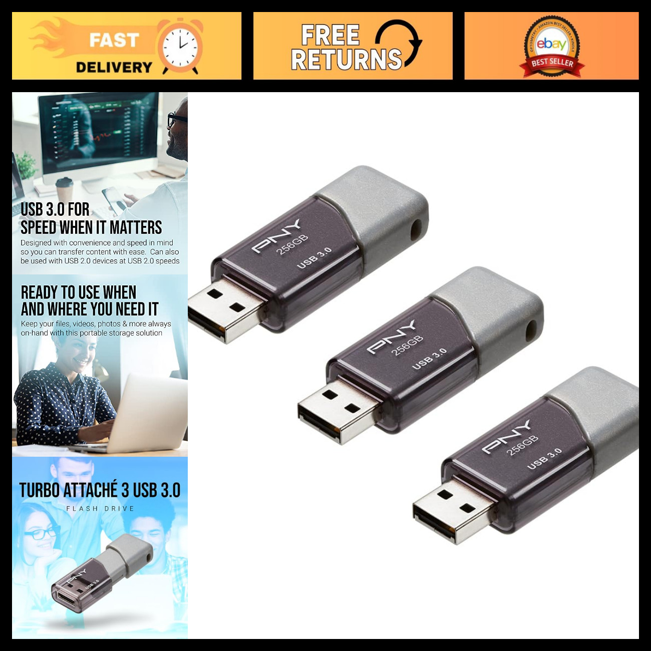 256GB USB 3.0 Flash Drive - Turbo Attaché 3, 3-Pack, High-Speed Storage Solution