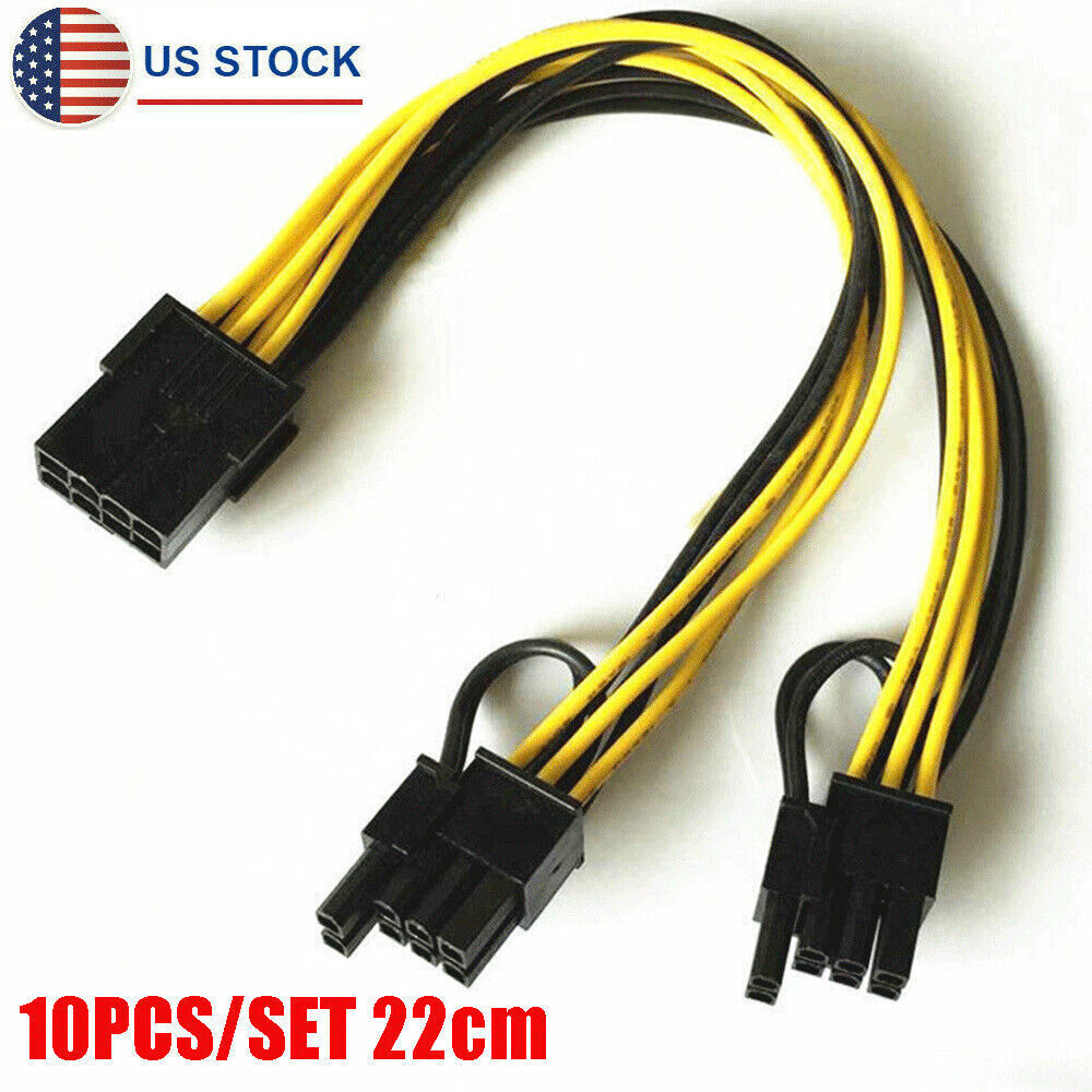 10 Pack 22cm PCI-E 8pin Male to Dual PCIe 6+2pin Female Power Cable Wire 18 AWG