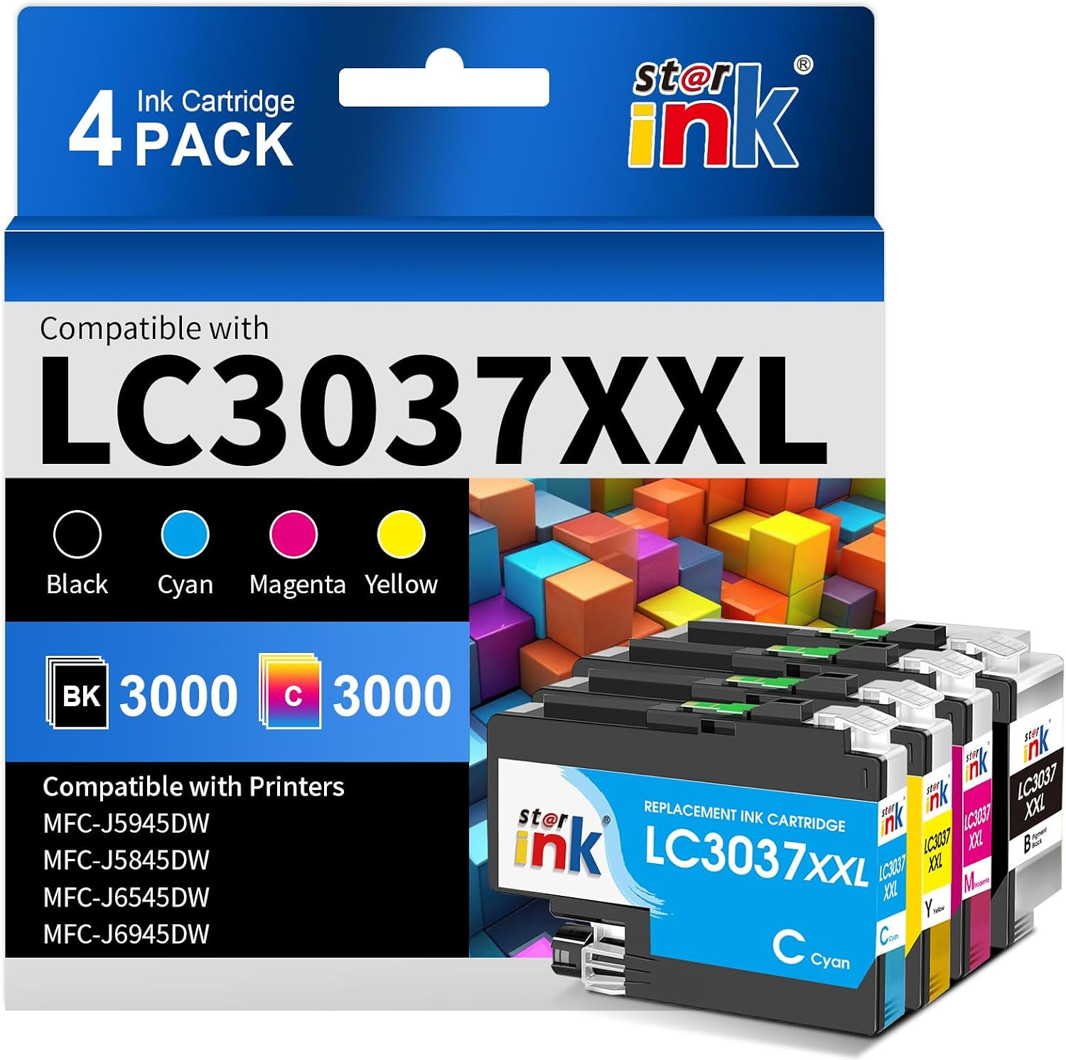 LC3037 Ink Cartridges BK/C/M/Y Replacement for Brother LC3037 4P