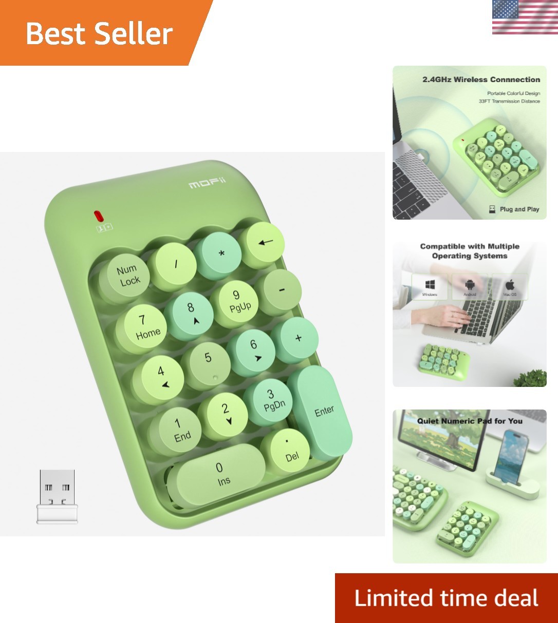 Wireless Number Pads - Green Numeric Keypad 18 Keys USB 2.4G Round Keycap Col...