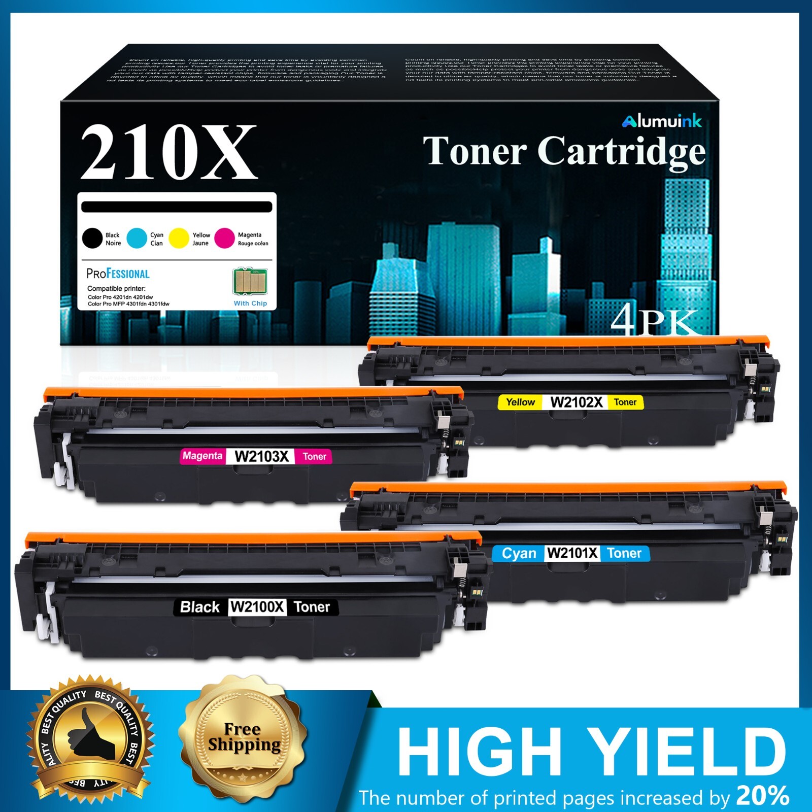 210X 4-Pack High Yield Toner for HP Color LaserJet Pro MFP 4301fdn, W2103X