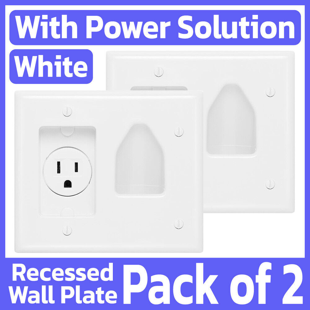 2 Pack Recessed Cable Wall Plate with Power Outlet 2-Gang Low-Voltage Wallplate