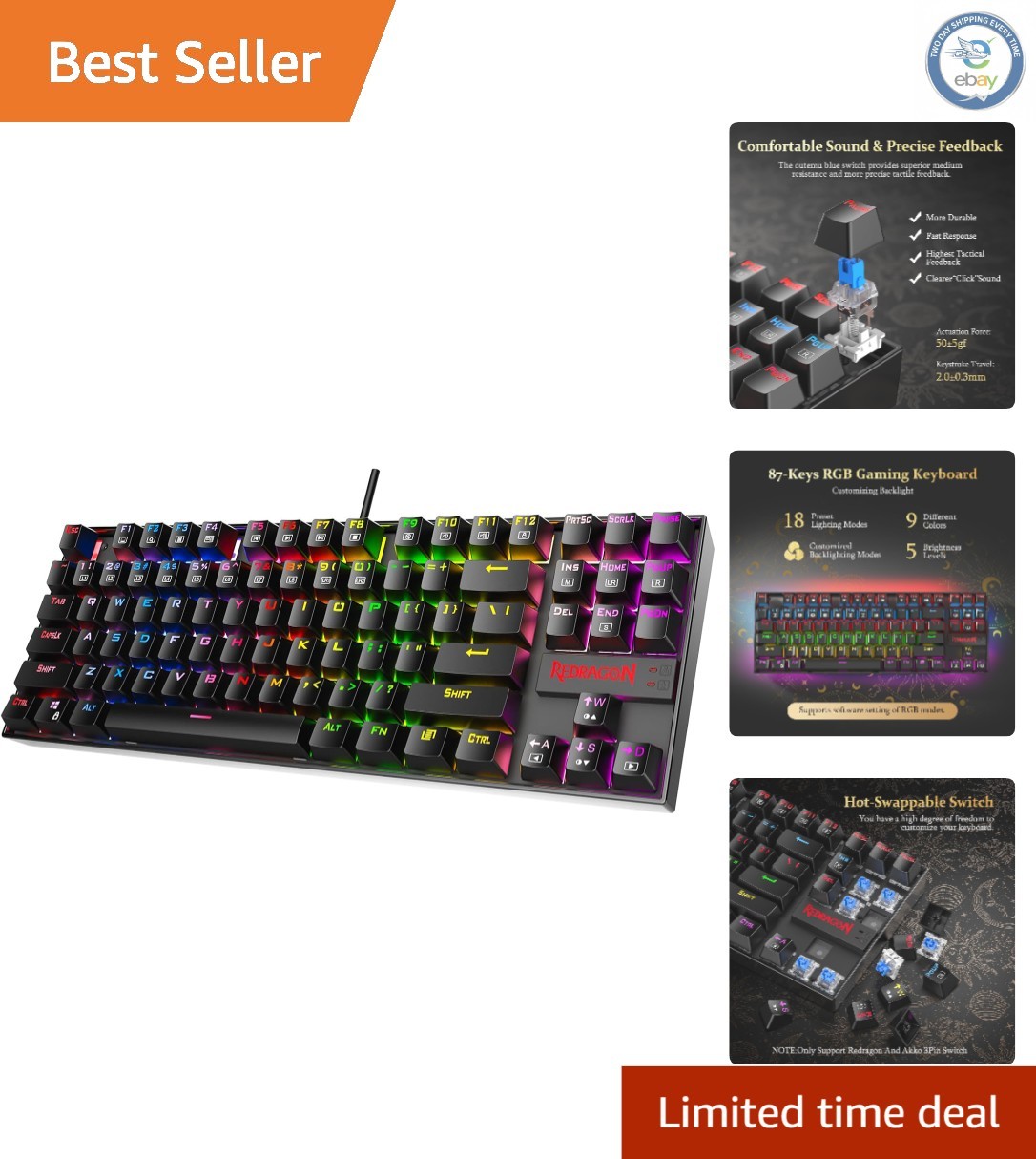 K552P TKL Mechanical Gaming Keyboard - 18 RGB Modes & Hot-Swappable Red Switches