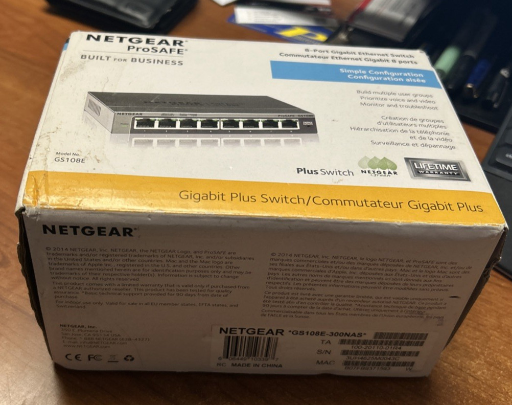 Netgear Business 8 Port Gigabit Ethernet Smart Managed Plus Switch Model GS108E