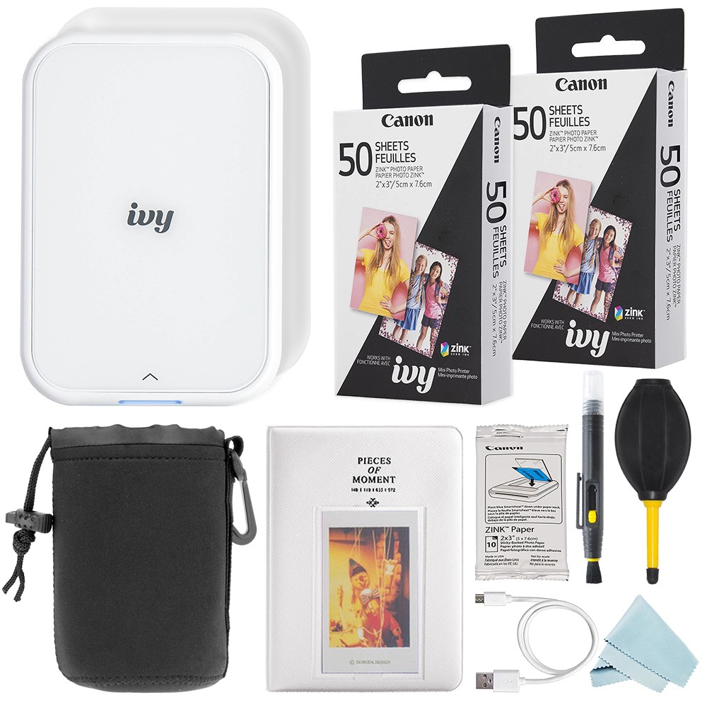 Canon IVY 2 Mini Smartphone Photo Printer Pure White+ 100 Sheet Accessory Bundle