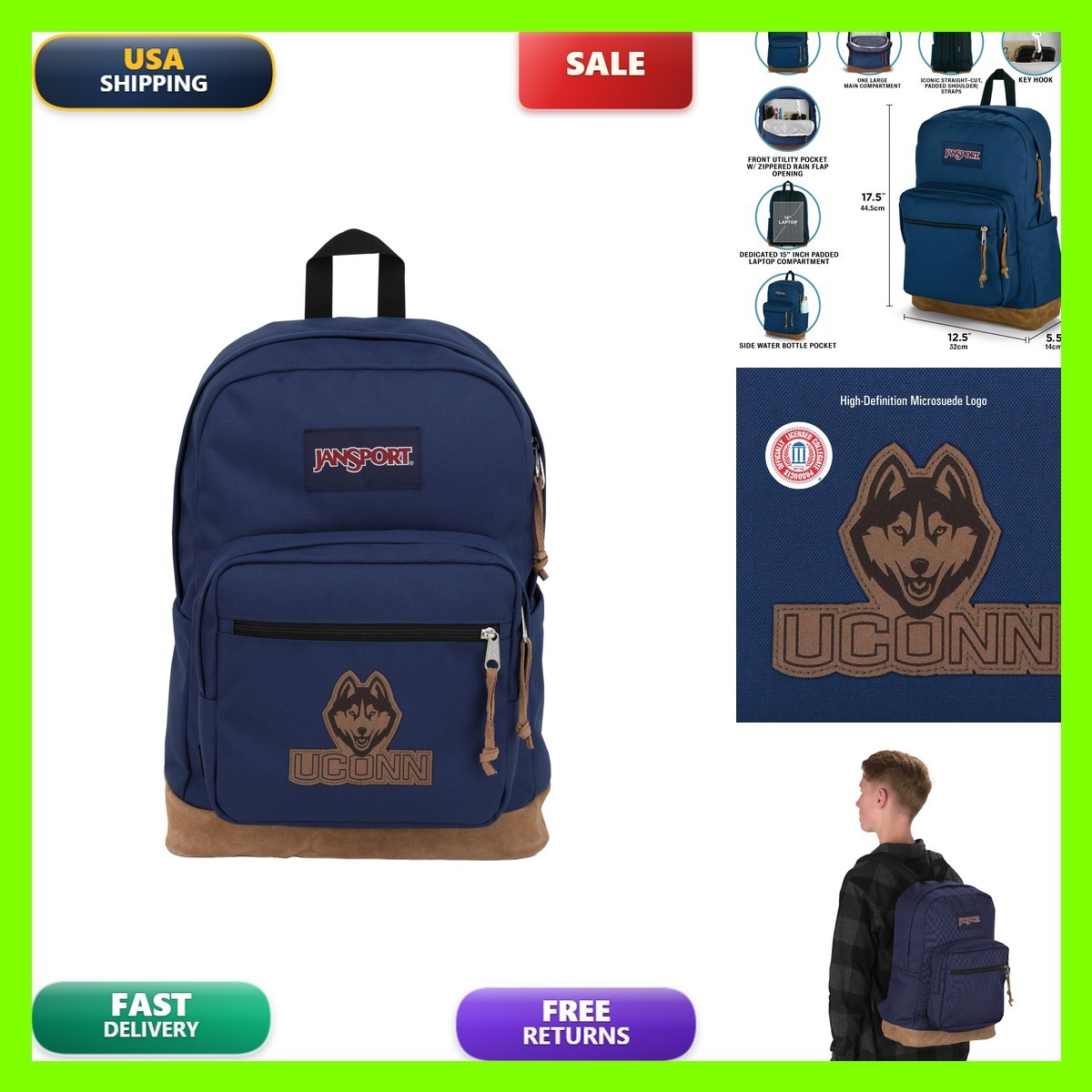 Jansport Ncaa Officially Licensed Backpack Connecticut Huskies Right Pack