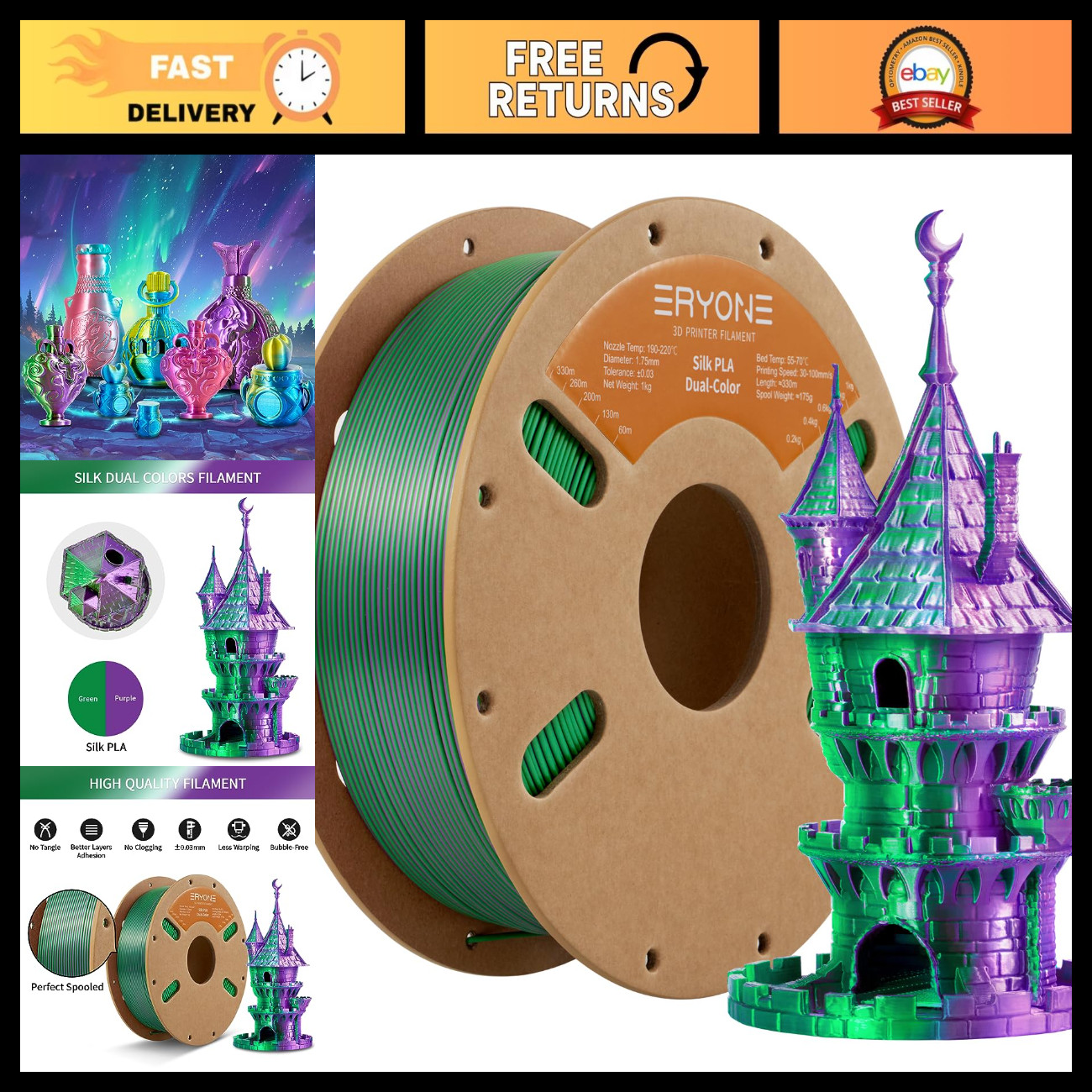 Bicolor PLA Filament 1.75mm 1KG for 3D Printers - Dual Color Purple Green, Two T
