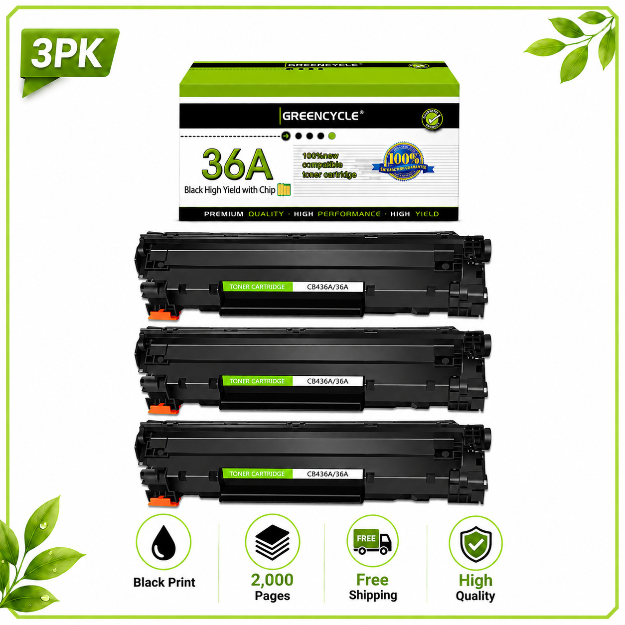 3x Compatible Toner Cartridge CB436A For HP 36A LaserJet P1505 P1505n Printer