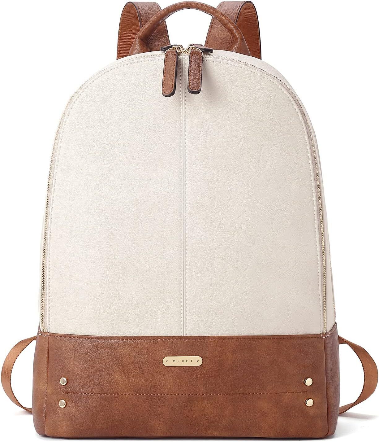 CLUCI Laptop Backpack for Women Leather 15.6 inch Computer Beige With Brown 2 