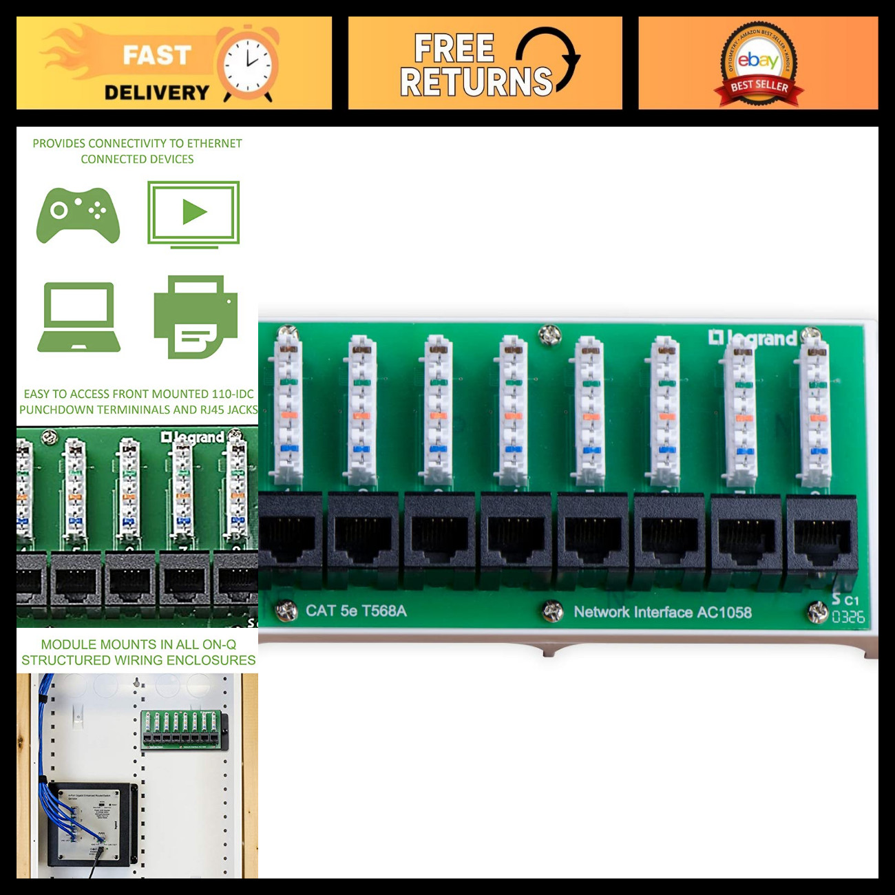 Cat5e Network Interface Module, 8-Port WiFi Ethernet Connectivity Box, Black
