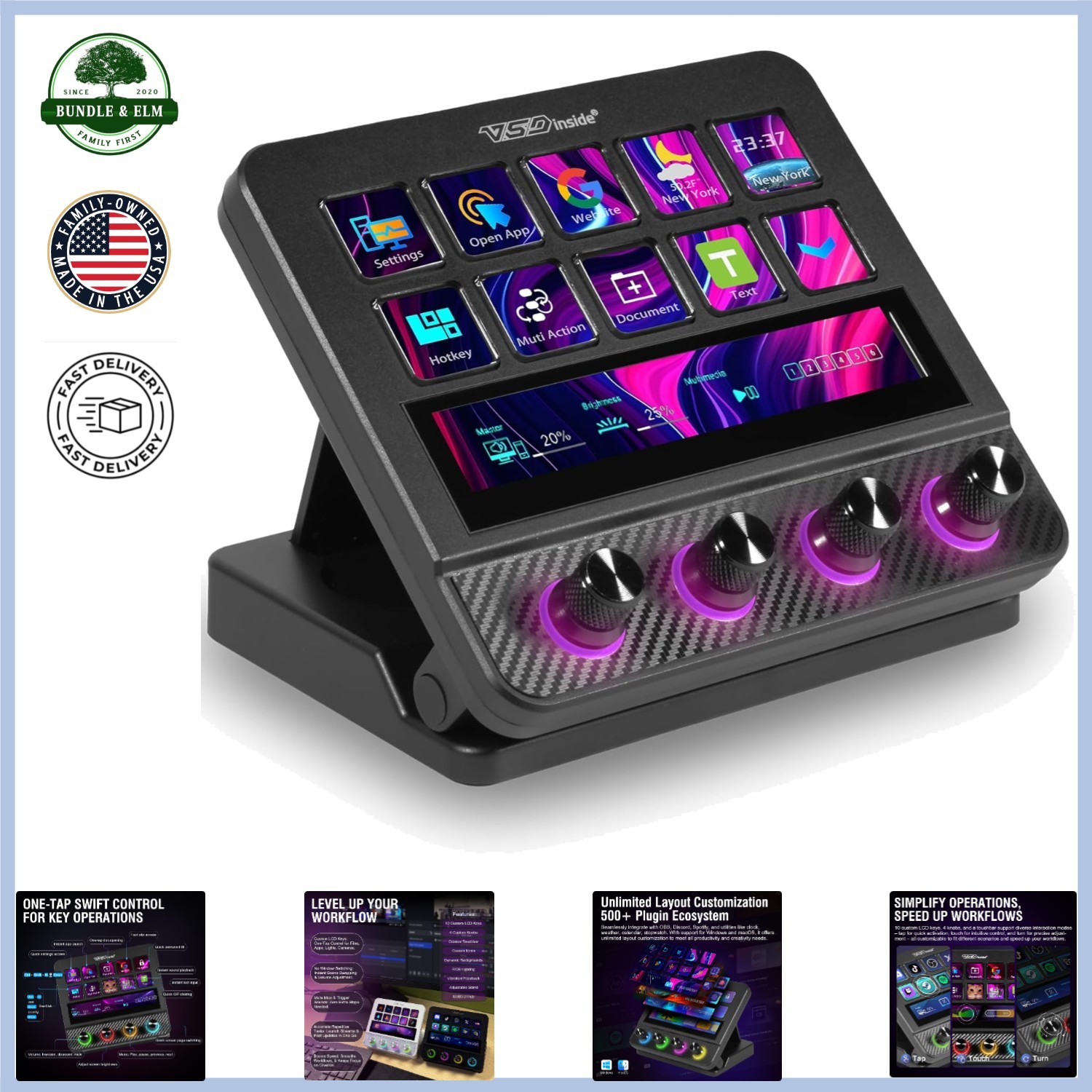 Programmable Macro Pad with 14 Keys, Touchpad and RGB Knobs for Streamers