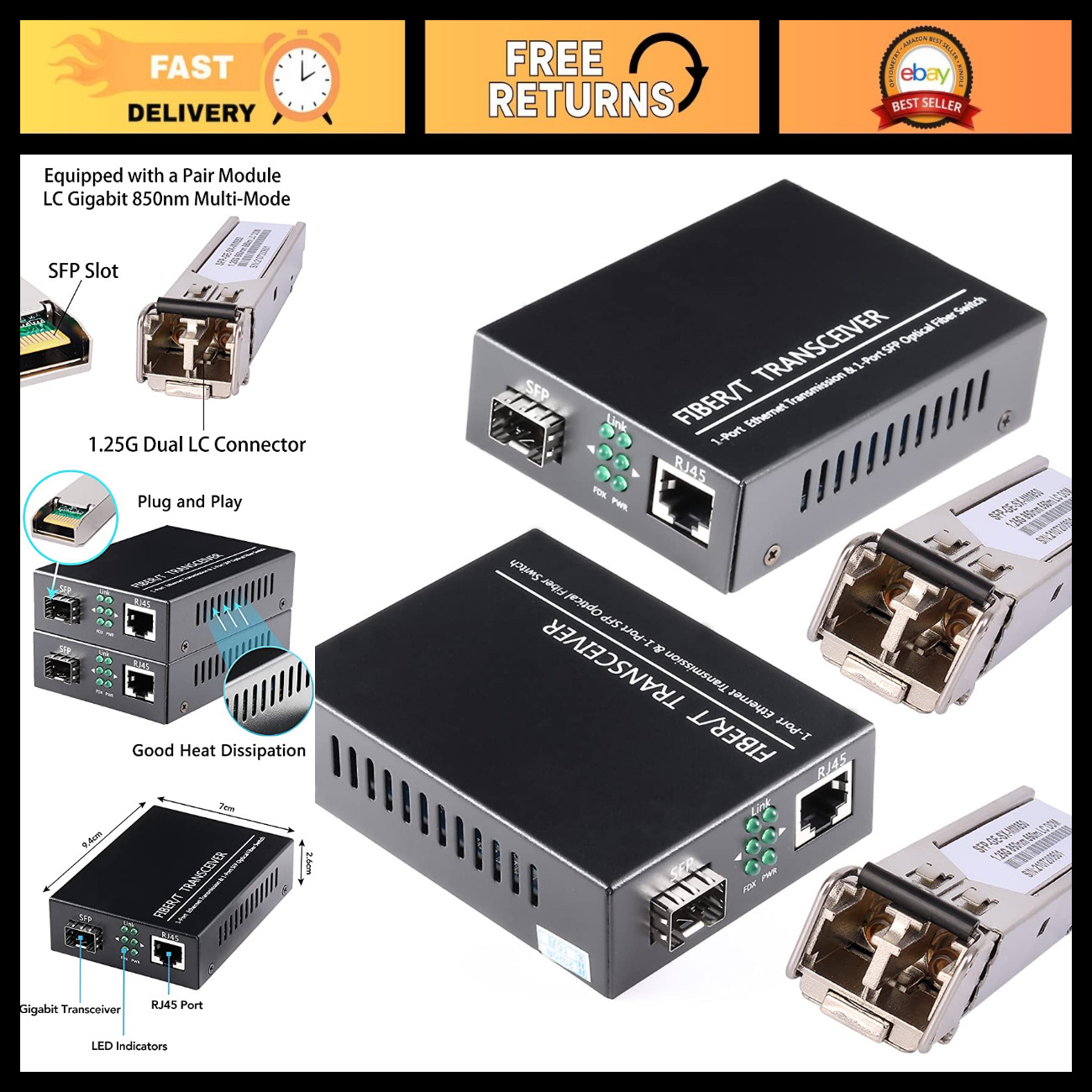 1.25G Bidi Gigabit Multi-Mode Fiber Ethernet Media Converter + 2 SFP Modules, 55