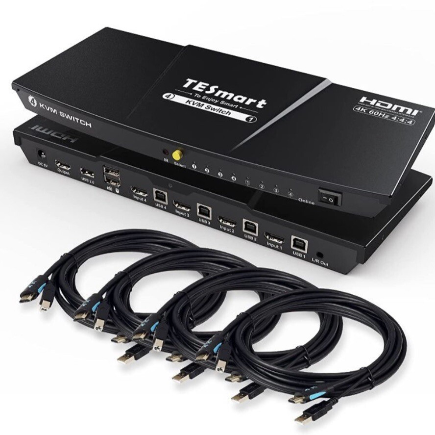 TESmart Newest HDMI KVM Switch 4 Port 4K@60Hz Ultra HD 4x1 With 2 Pcs 5ft KVM