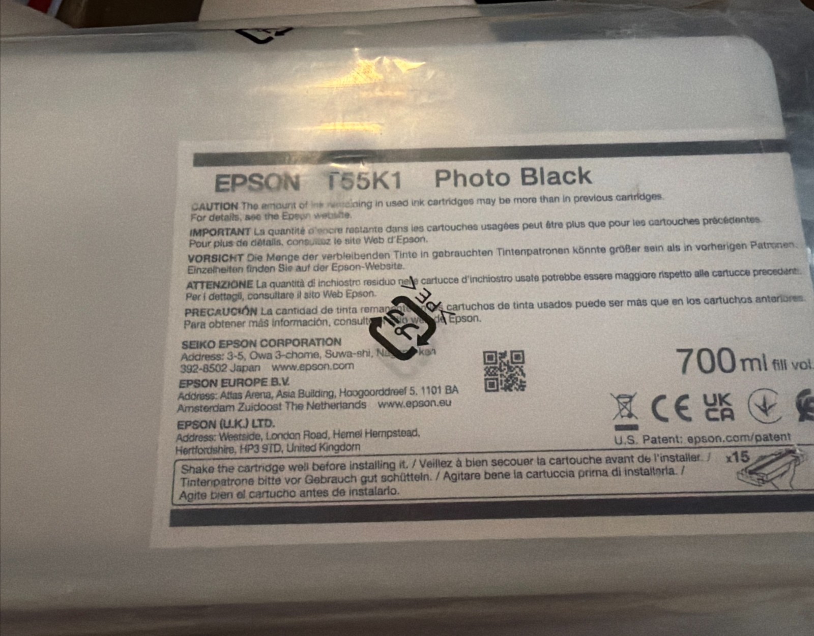EPSON T55K1 PHOTO BLACK 700ml Ink - Sure Color P9000 P8000 P7000 P6000 Exp 4/26