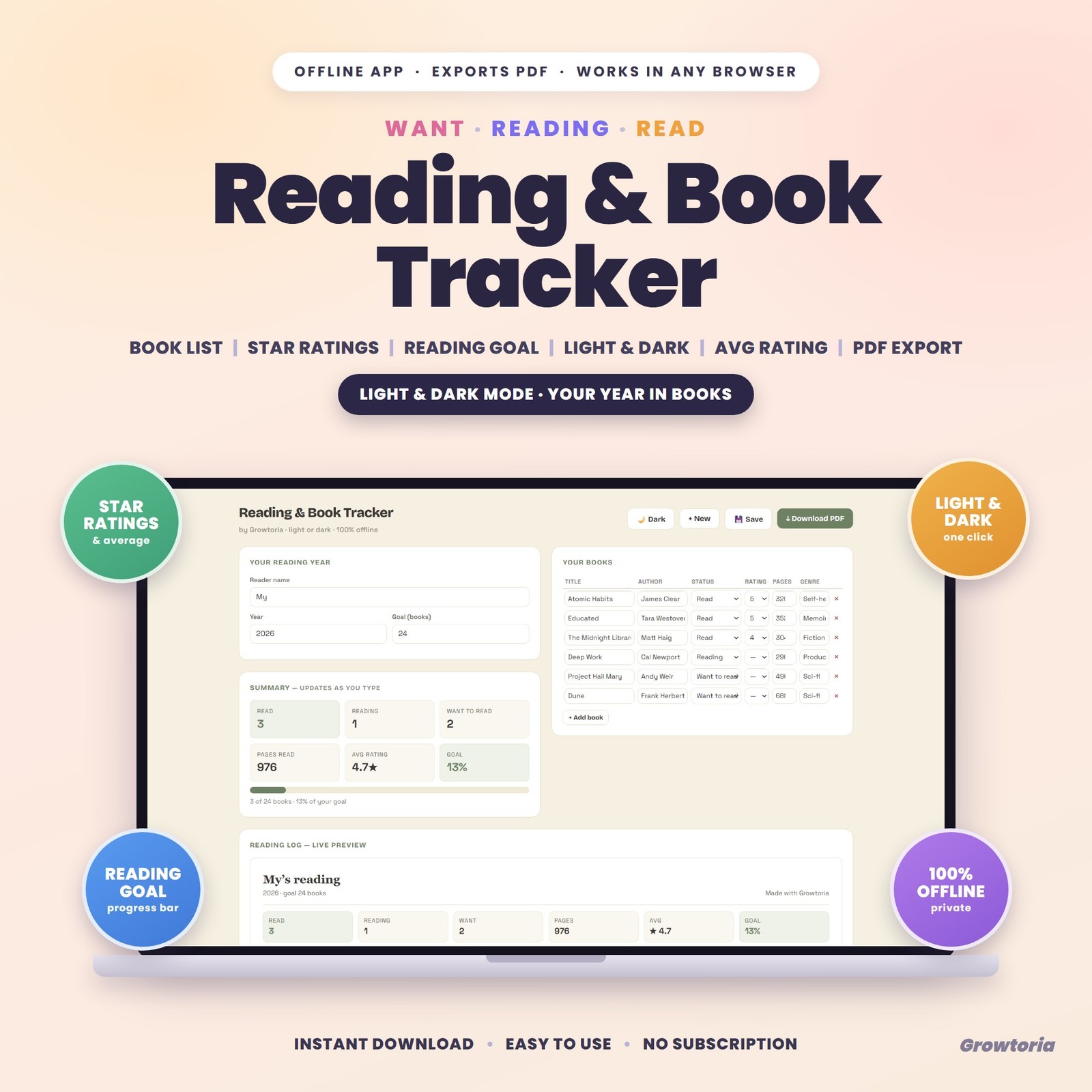 Reading & Book Tracker App - Book Log, Star Ratings, Light & Dark Mode