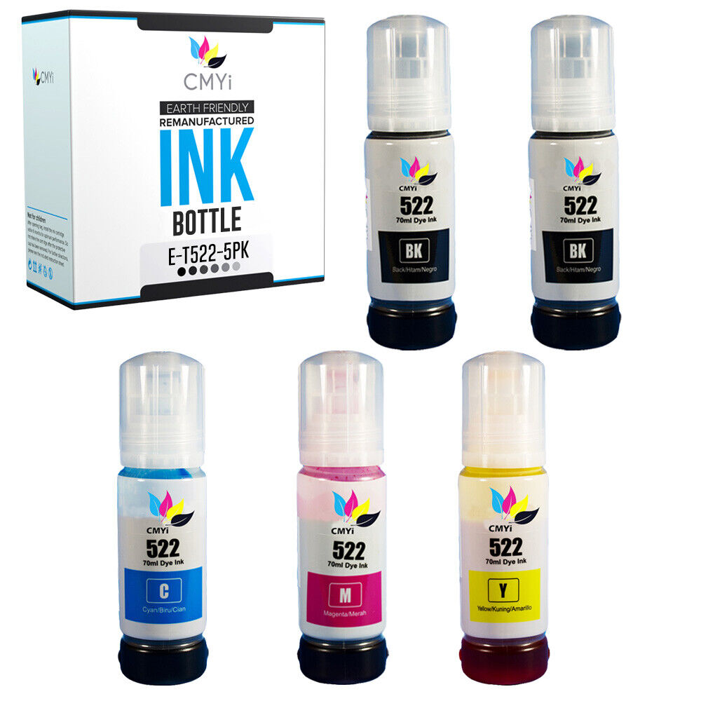 5PK T522 Black Color Ink Bottle Refills for Epson 522 2BK 1CMY Fits EcoTank 2800