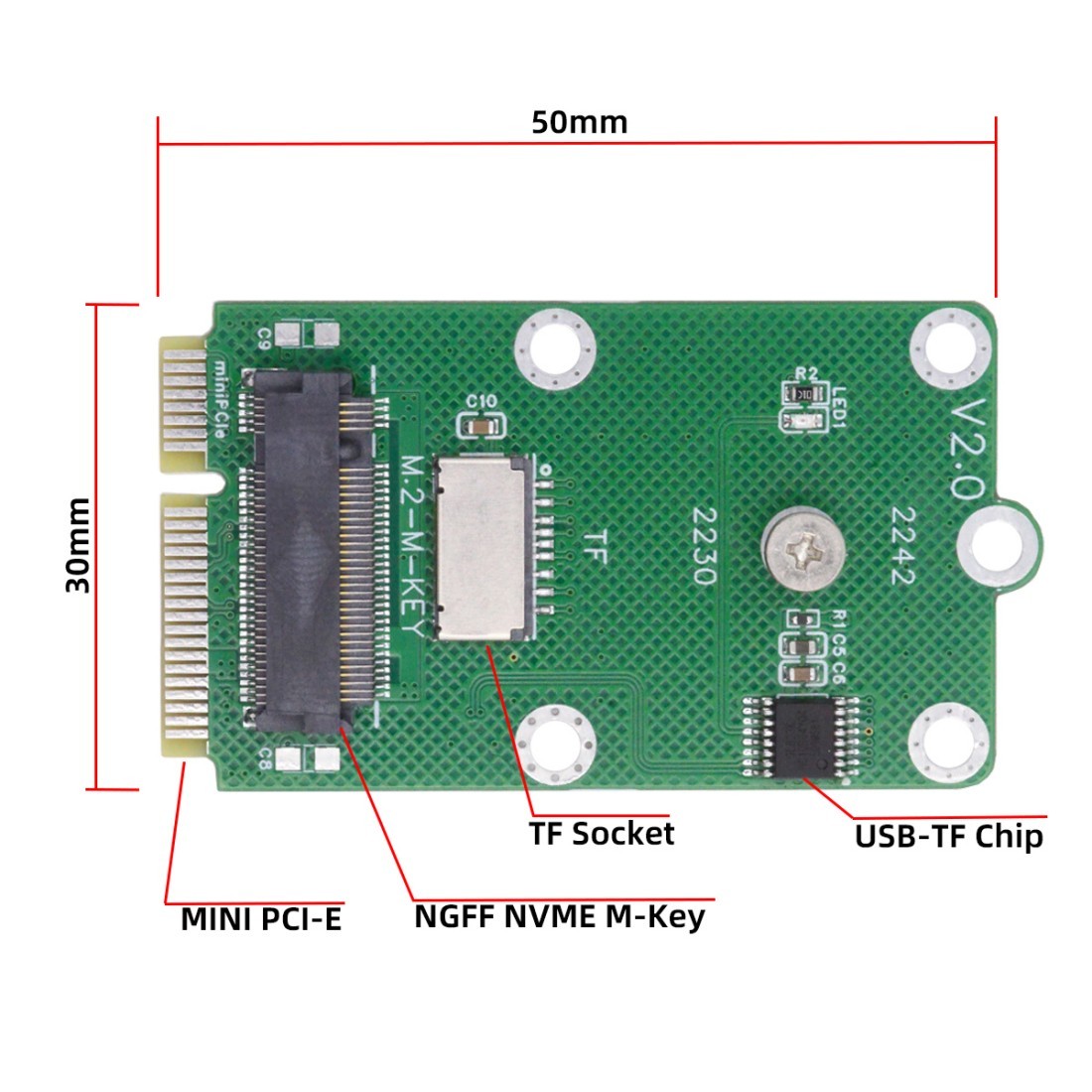 2 in 1 M.2 NVME SSD/Micro SD TF Card to Mini PCI-E SSD Expansion Card Adapter