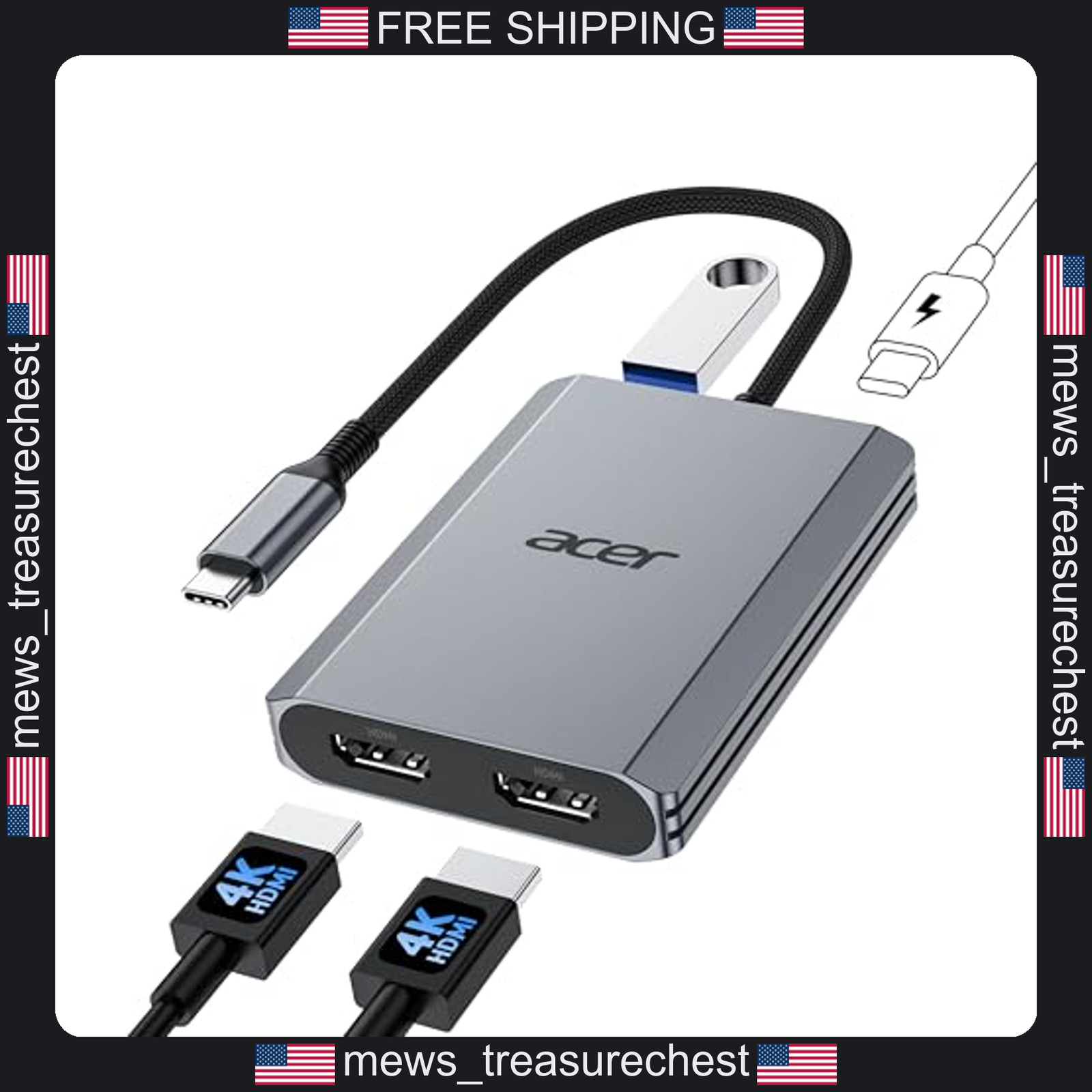 Acer USB C Hub Dual HDMI 4K@60Hz Data 100W Power Pass-Through