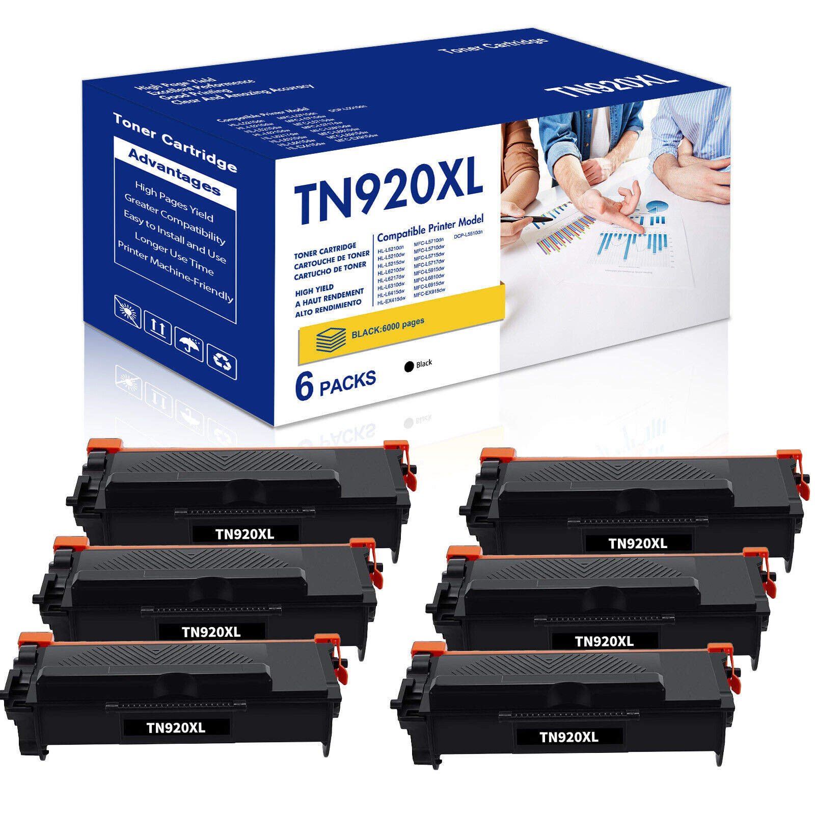 6 pack TN920 XL for Brother TN920 Black Toner Cartridge HL-L6210DW HL-L6217DW