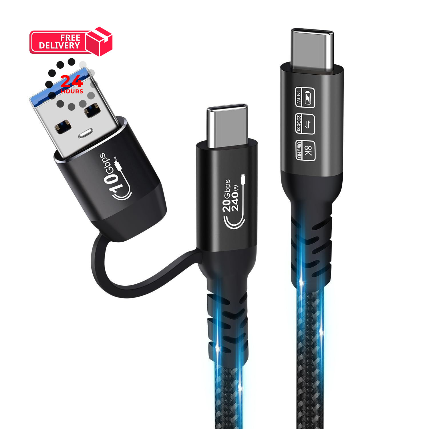 USB C Cable,USbC 3.2 Gen 2X2 20Gbps,Multi Functional 2in1 C 50CM, Black