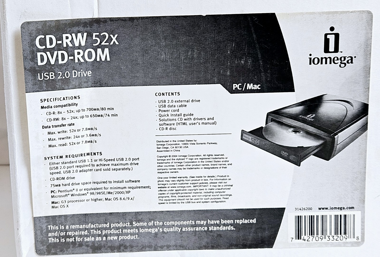 iomega model CDDVD482416E23 CD-RW DVD-ROM with power adapter And USB cable