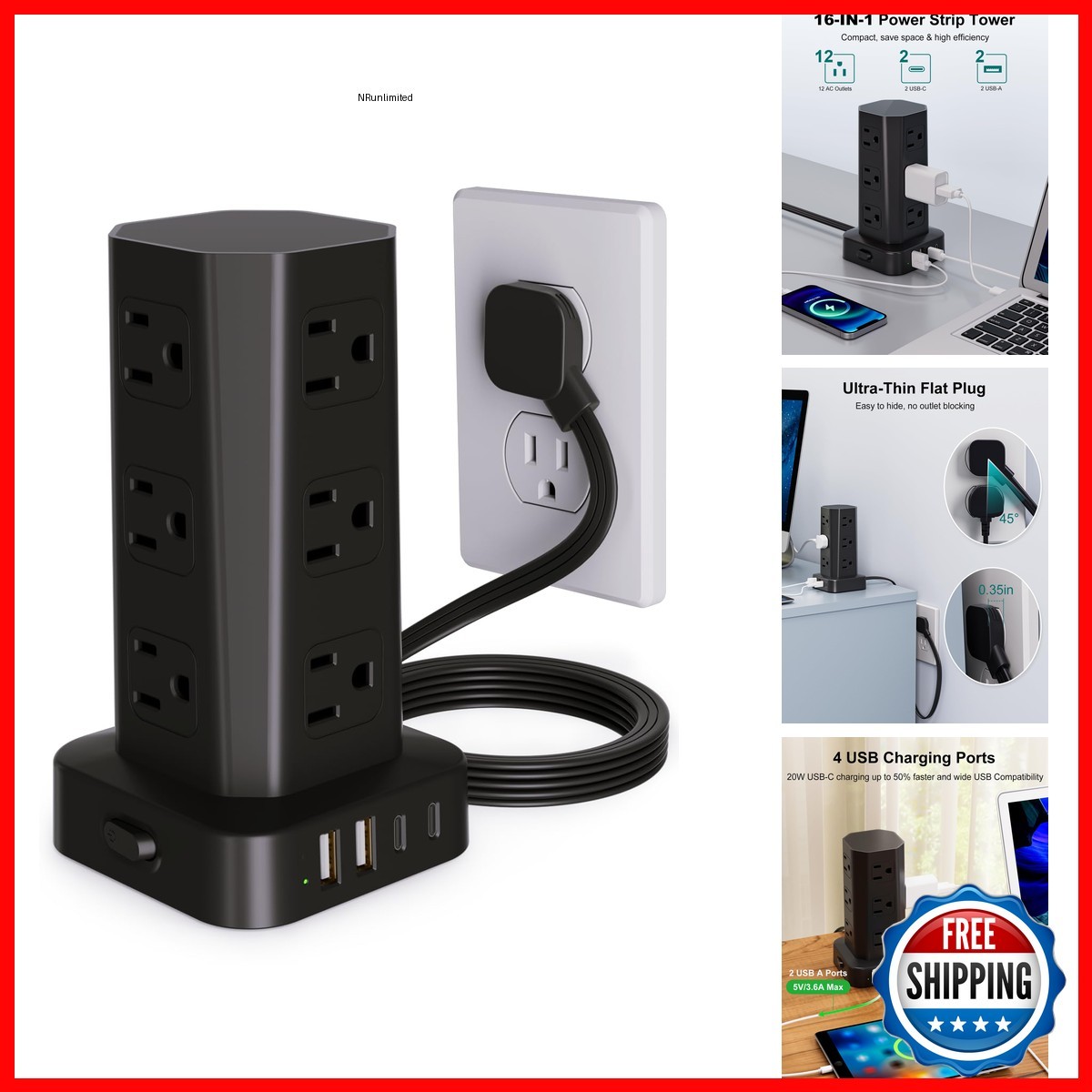 KZNXCVI Power Strip Tower Surge Protector, 6FT Flat Plug Extension Cord