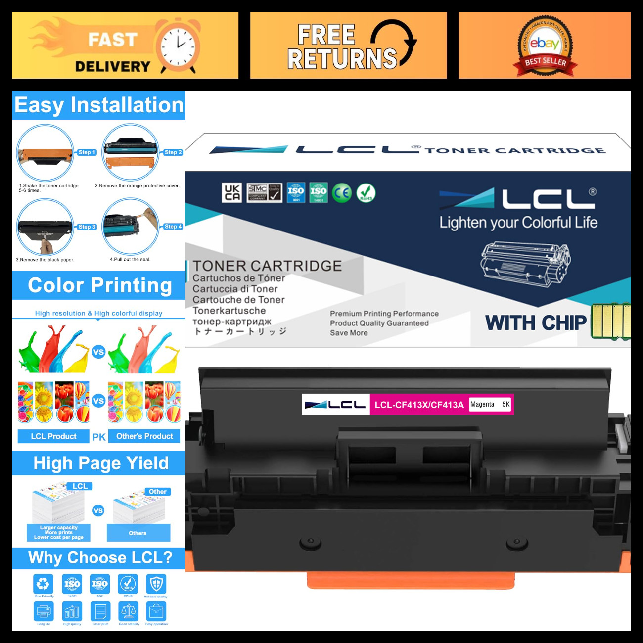 High-Yield Magenta Toner Cartridge Replacement for HP 410A 410X CF413A CF413X -