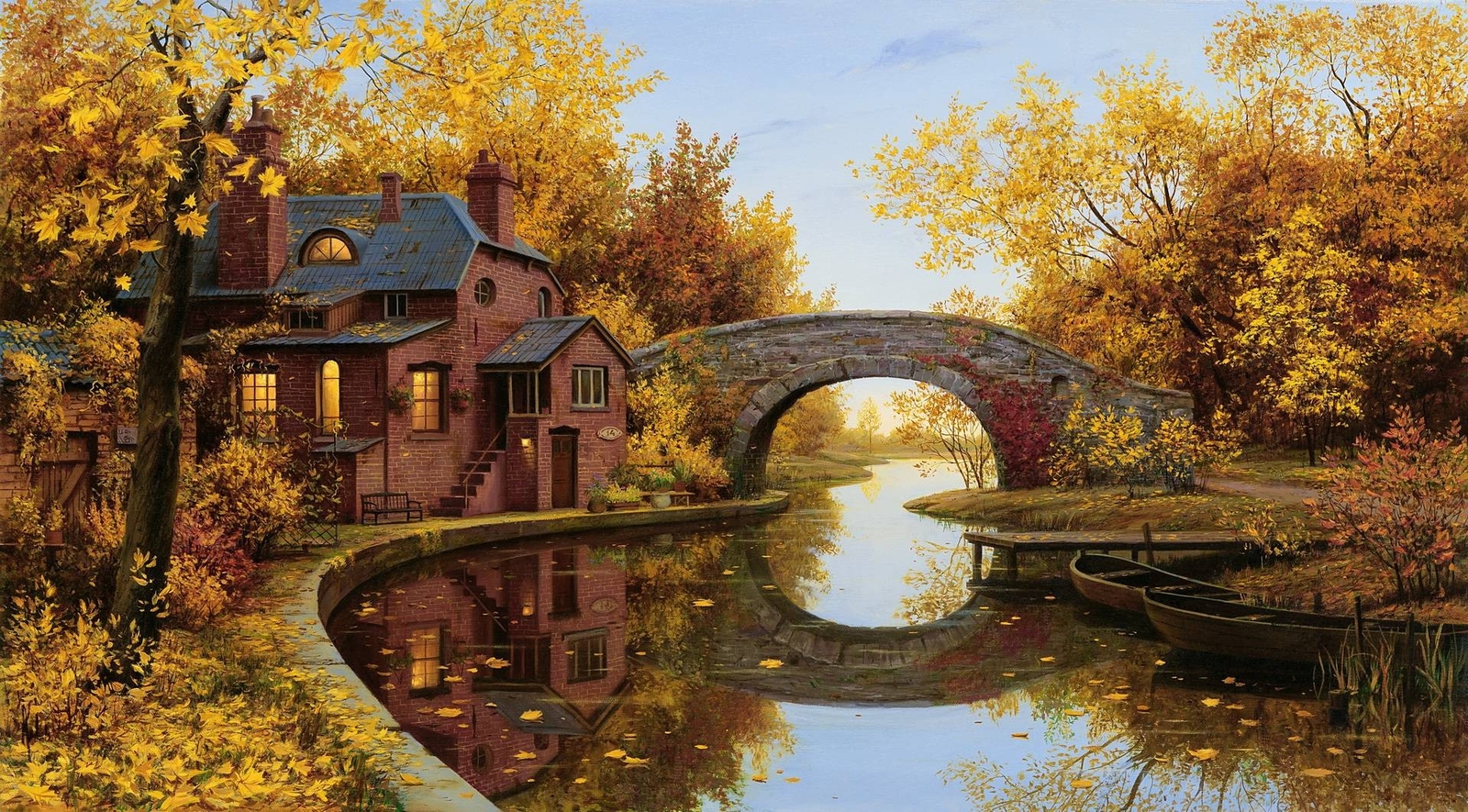 Landscape reflection bridge arch river house trees boat Custom Gaming Mat Desk