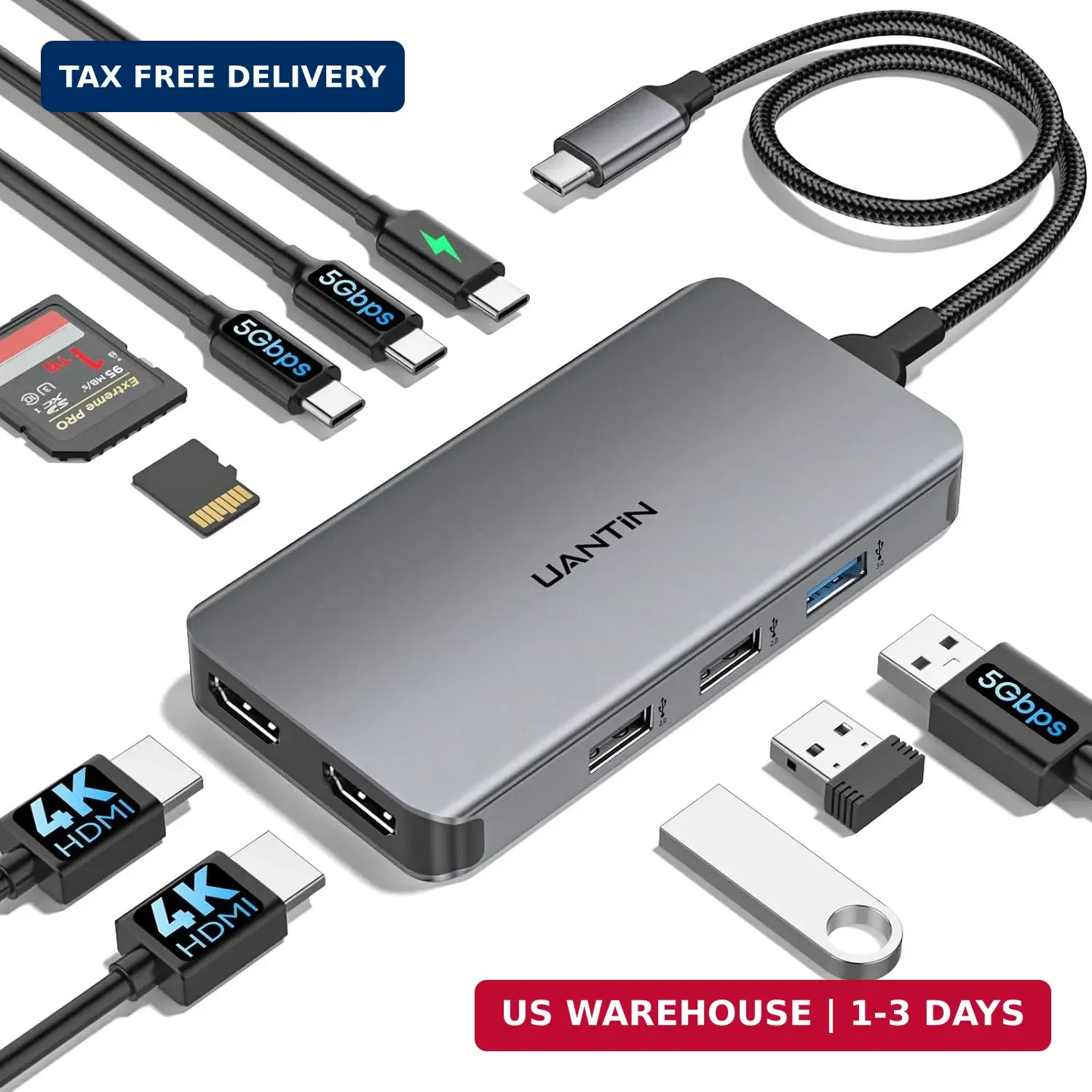UANTIN USB C Docking Station Dual Monitor for Laptop, 10-in-1 Dock HDMI Hub