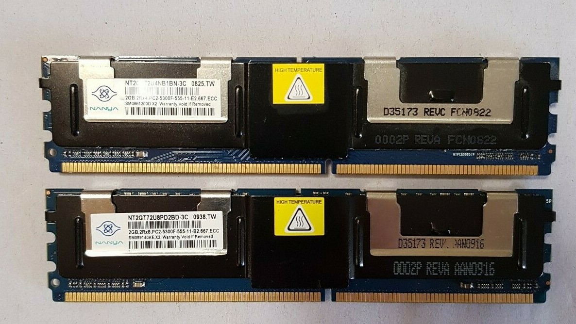 (Lot of 2) Nanya 2x2GB 2Rx8 PC2-5300F DDR2 Memory Module NT2GT72U8PD2BD-3C 4GB 