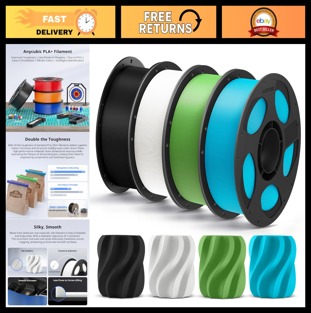 High Toughness 3D Printer Filament 1.75mm, PLA Plus Bundle, 4 Pack 1KG, Accurate