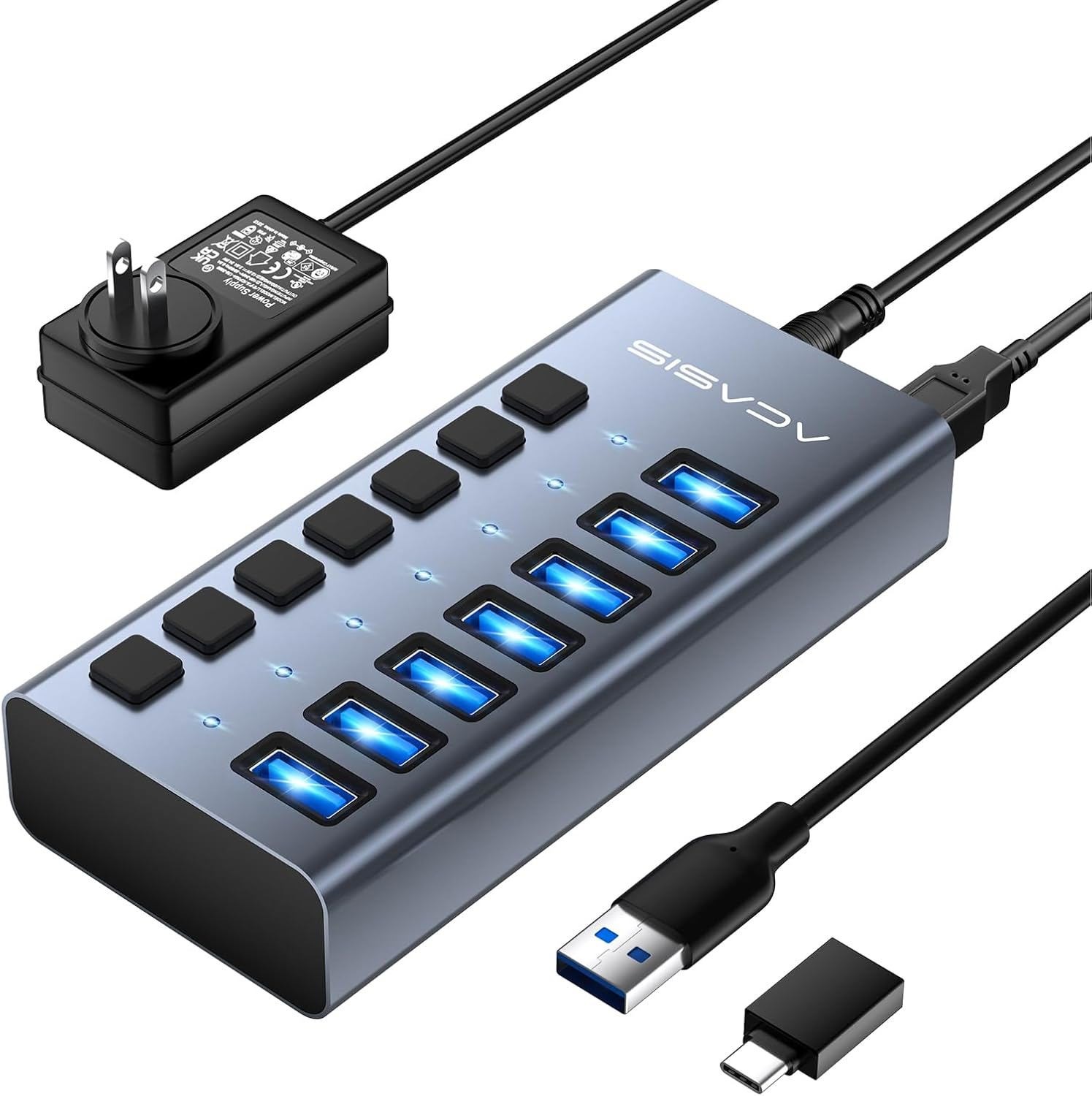 Acasis 10Gbps USB 3.2 Hub 7 Port On/Off Switch with AC Power Adapter for Laptop