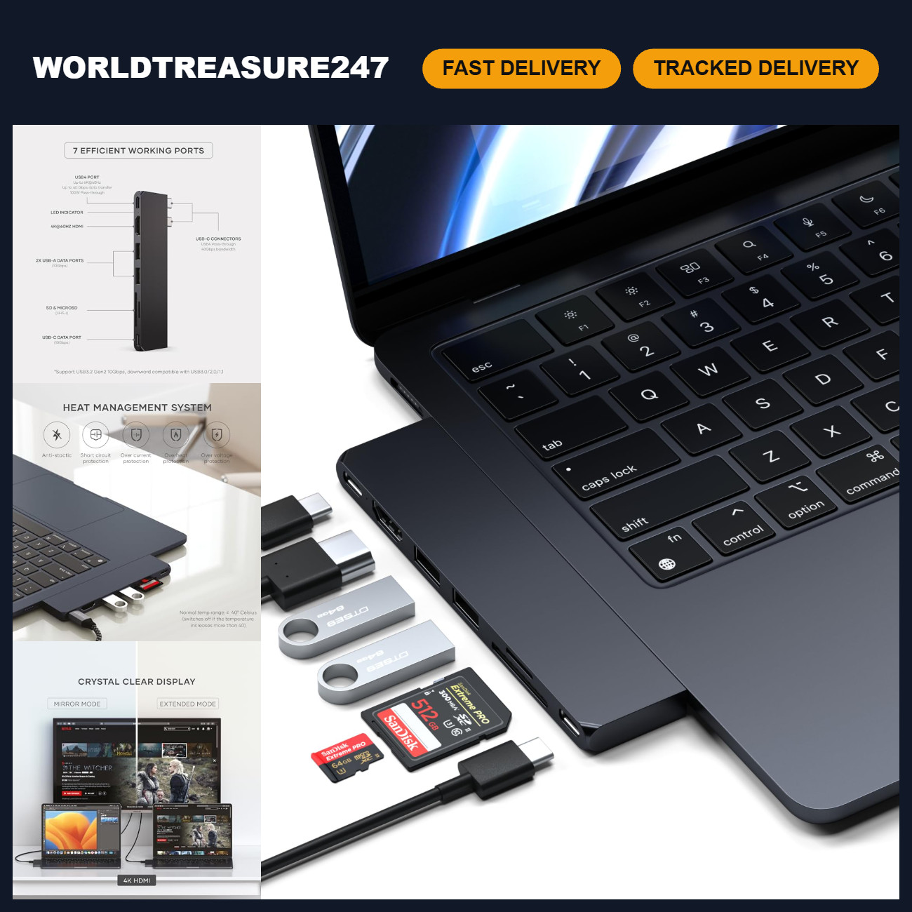 7-in-1 USB-C Hub Pro, 100W Fast Charging, 4K HDMI, USB4, Slim Design, Midnight
