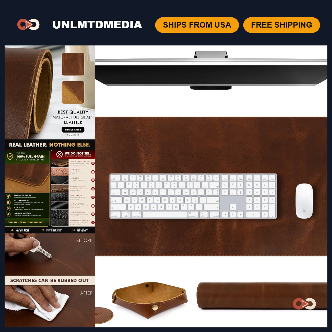 Large Real Leather Desk Mat Set 32x16" - Blotter Protector for Office & Gaming