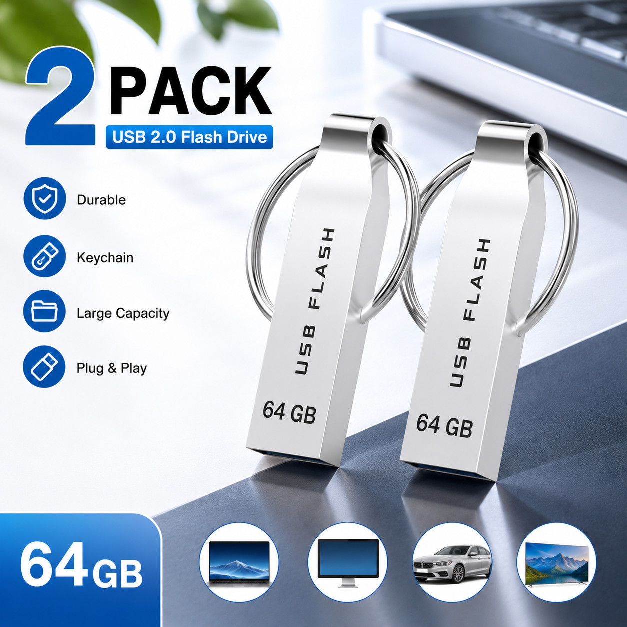 2 Pack USB Flash Drive 64GB Metal Thumb Drive USB 2.0 Memory Stick for PC Laptop