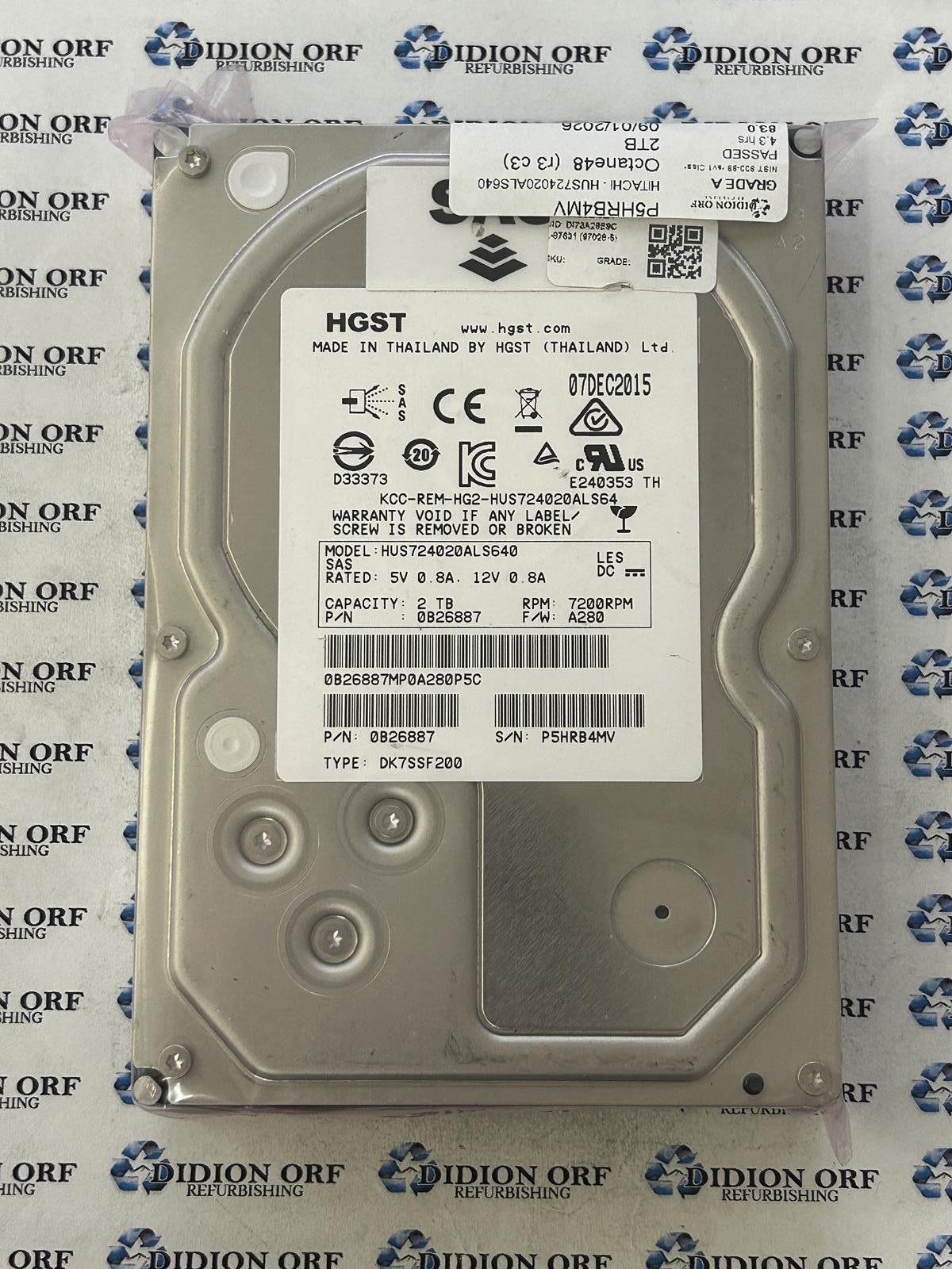 HITACHI 2TB 3.5" SAS HDD 7200 RPM HUS724020ALS640, GRADE A,  SKU 17033