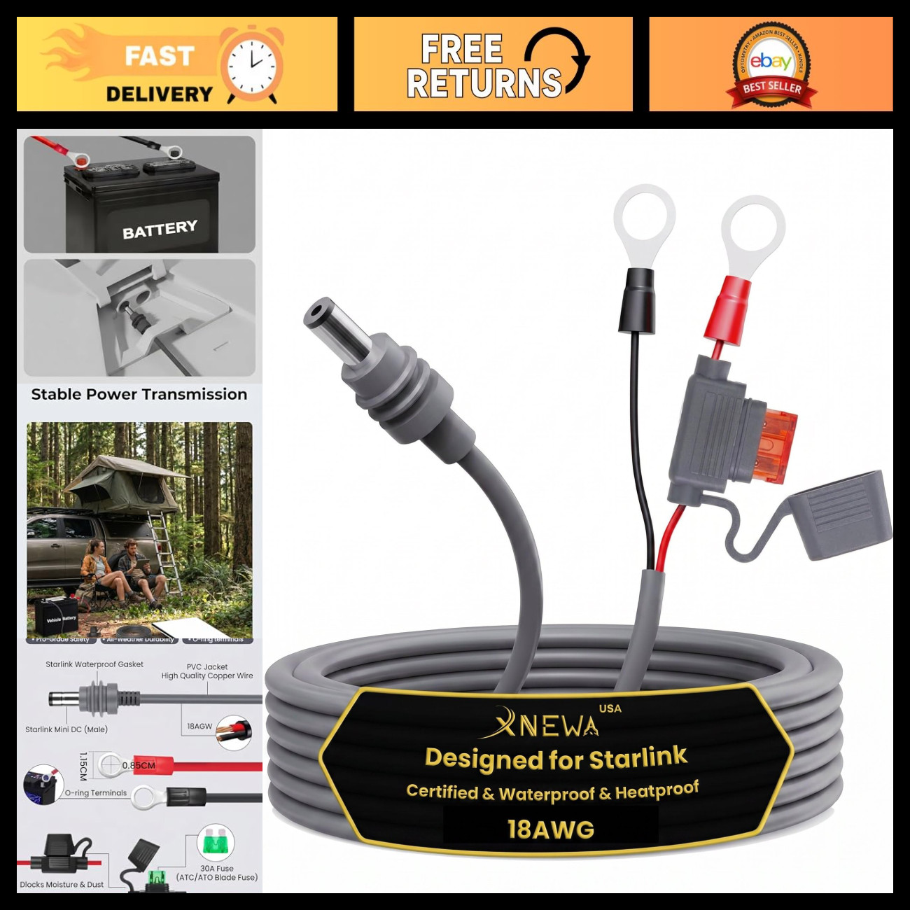 Mini O Ring Connectors Extension Cable 18AWG, Waterproof Battery Power Kit 10FT