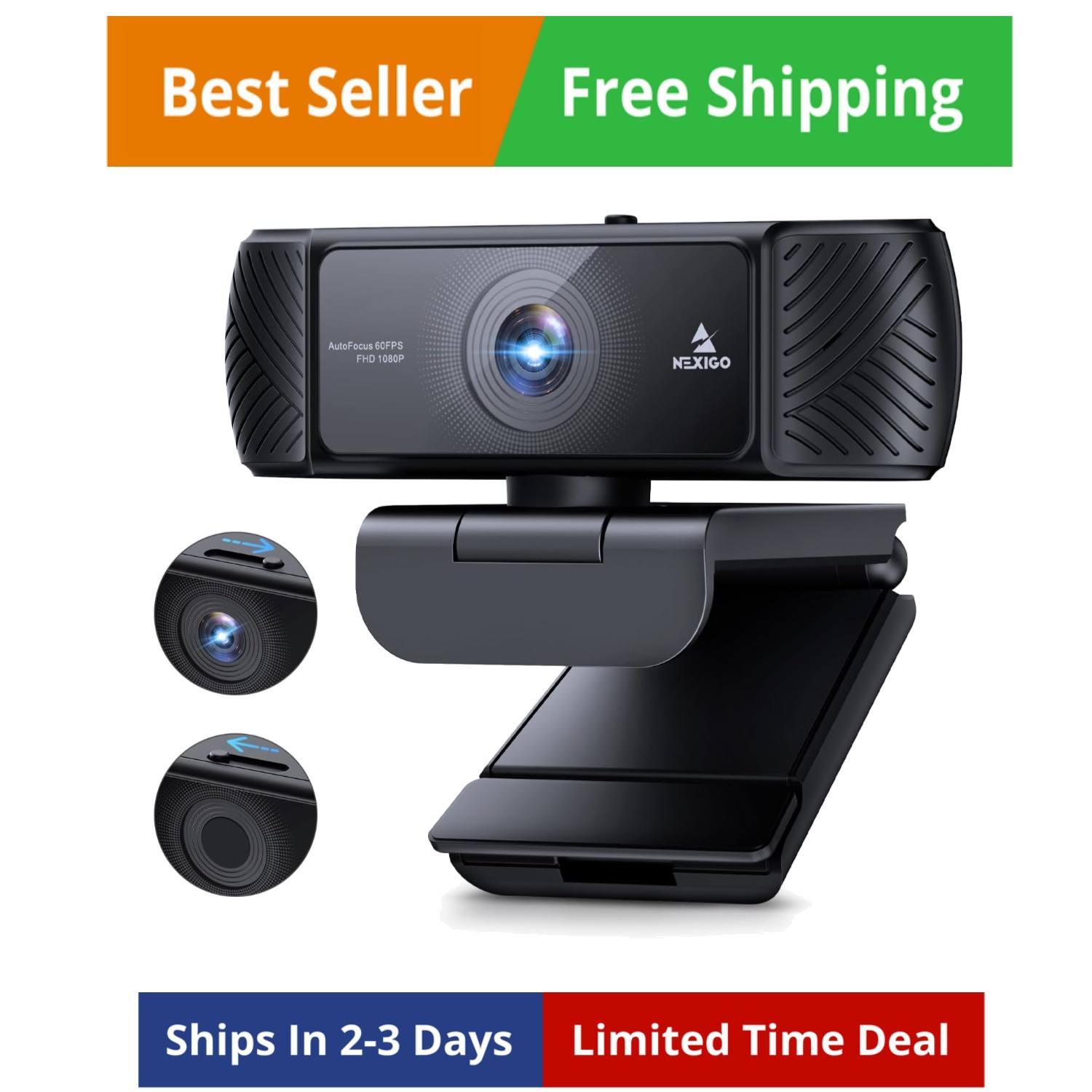 1080P 60FPS Webcam with Software Control and Microphone, AutoFocus, w/Privacy...