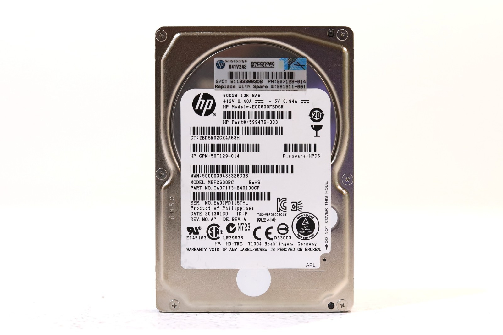 HP EG0600FBDSR 600GB 2.5" 6Gb/s 10K RPM SAS Hard Drive P/N: 507129-014 Tested