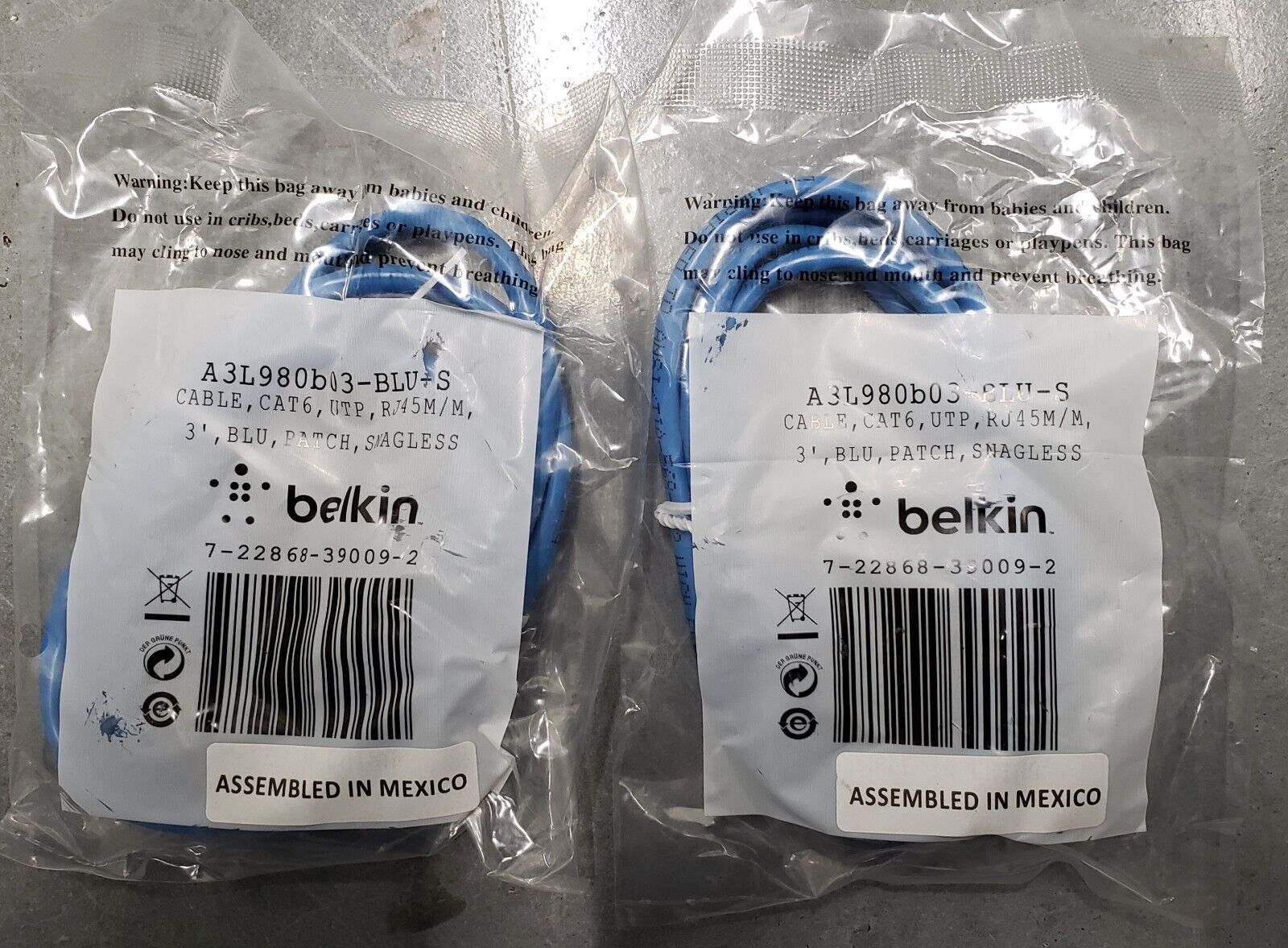 LOT 2x Belkin Cable A3L980b03-BLU-S 3ft CAT6 Snagless Patch Cable  Rj45m/m Blue