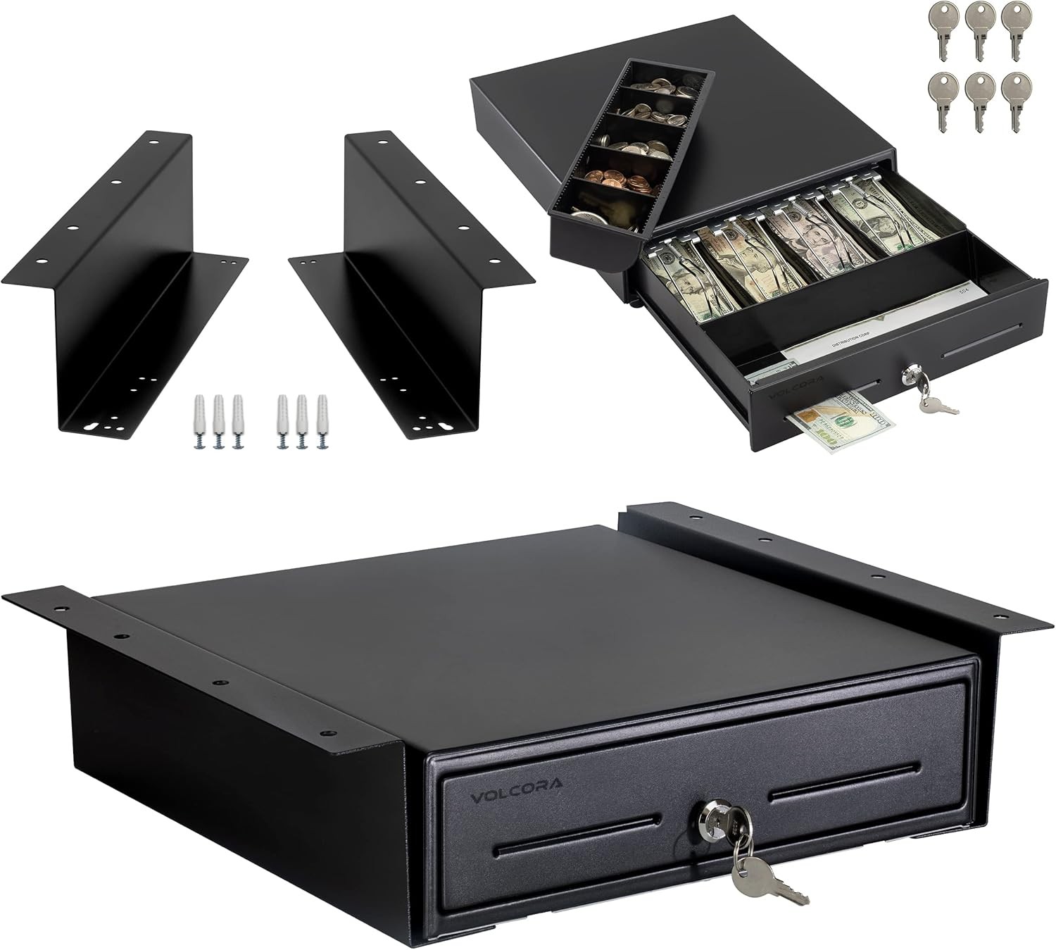Volcora 13" Electronic Cash Register Drawer with 14 - 4 Bill 5 Coin, Black 