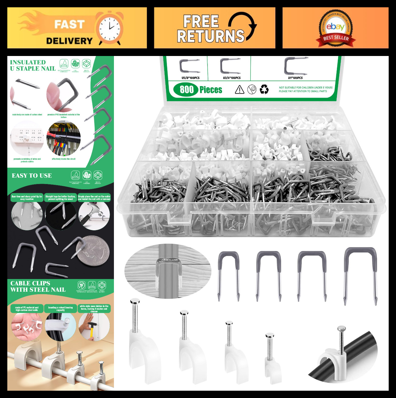800Pcs J-Hook Ethernet Cable Clips with Steel Nails, Insulated U Staple for Wiri