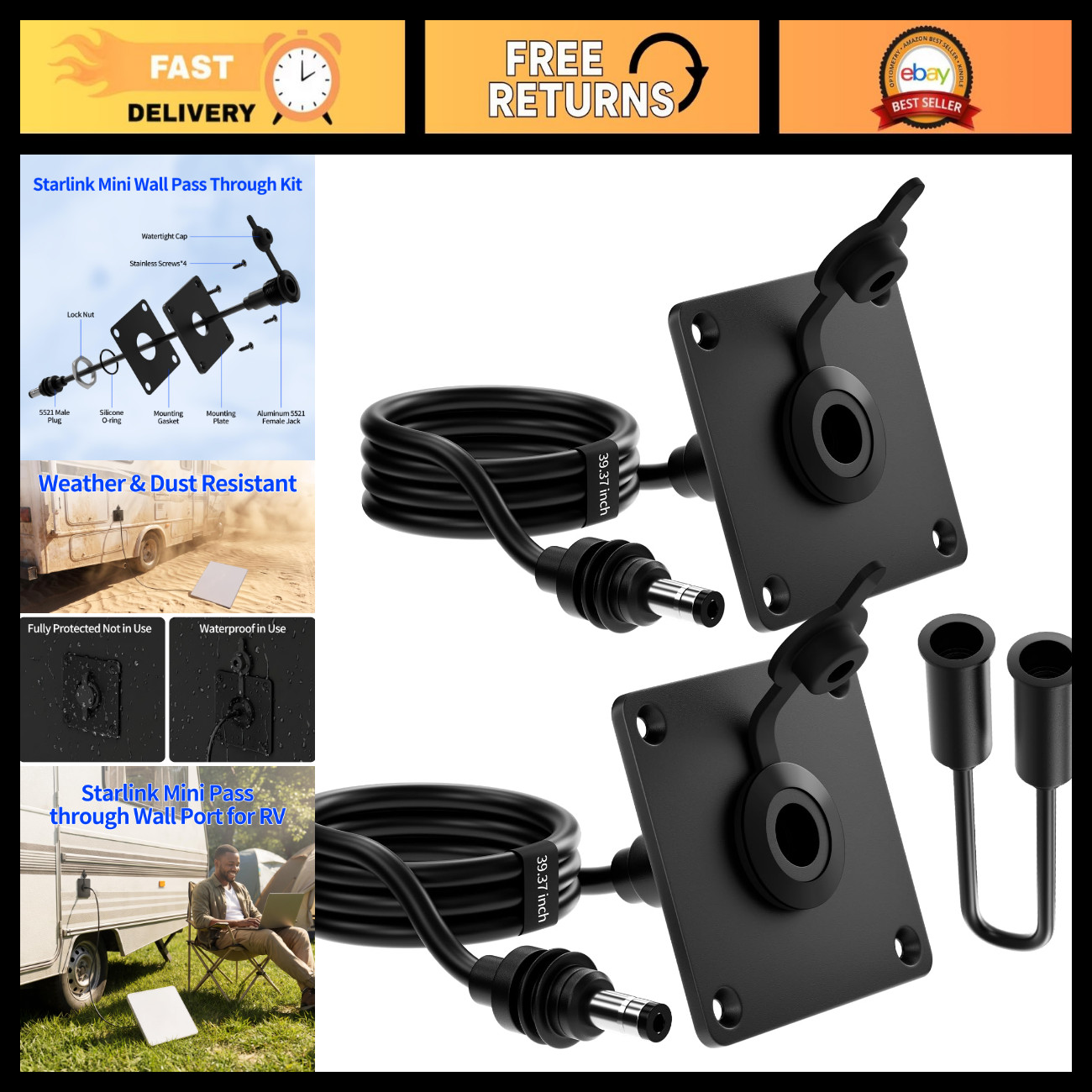RV Wall Pass Through Port Kit with DC Power Cable - 2 Pack for Starlink Setup
