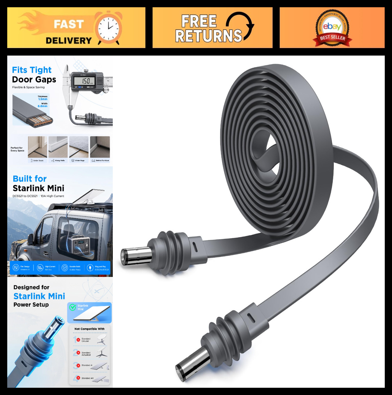 Flat Starlink Mini DC Power Cable 16.4FT 5M 18AWG Window Passthrough Connector