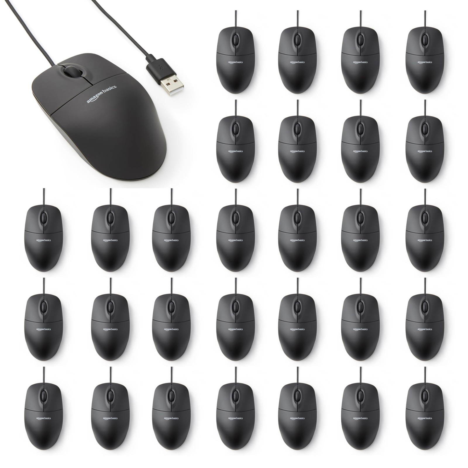 Amazon Basics 3-Button USB Wired Computer Mouse, Black, 30-Pack 30-Pack, Black