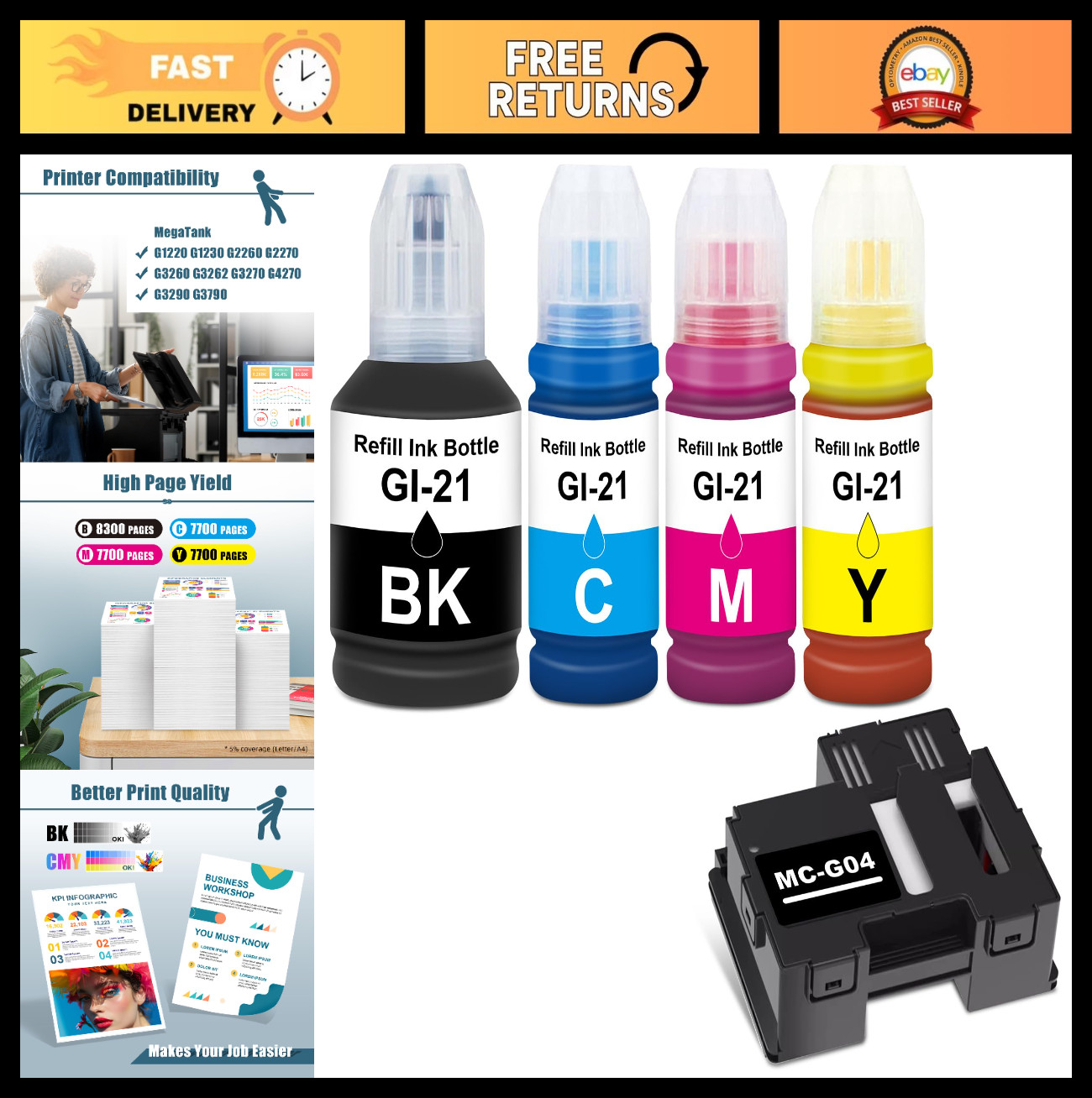 4 Pack GI21 Ink Bottles & 1 MC-G04 Maintenance Box for Canon G Series Printers