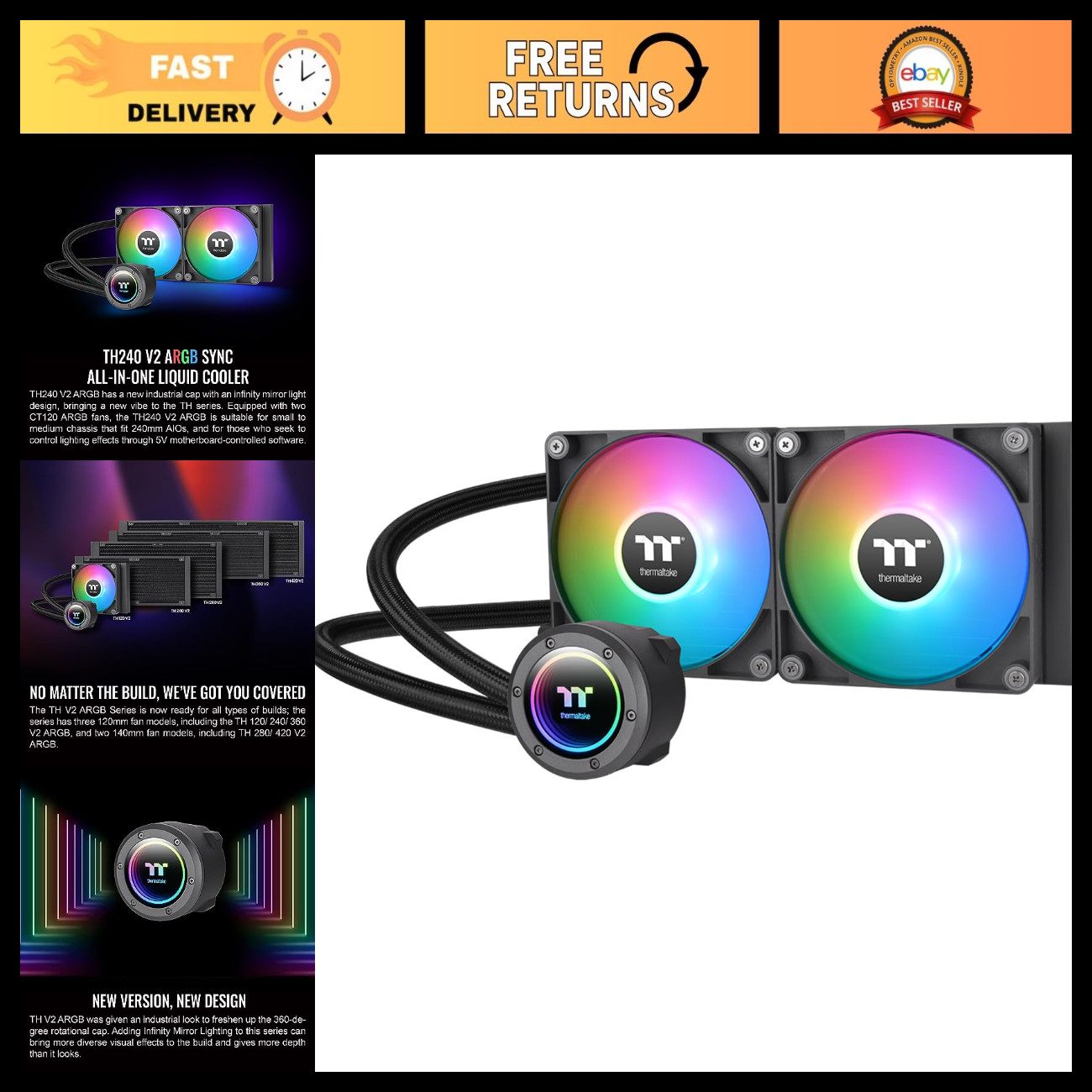 240mm ARGB CPU Liquid Cooler, AIO Cooling System, Dual 120mm Fans, PWM 500-2000